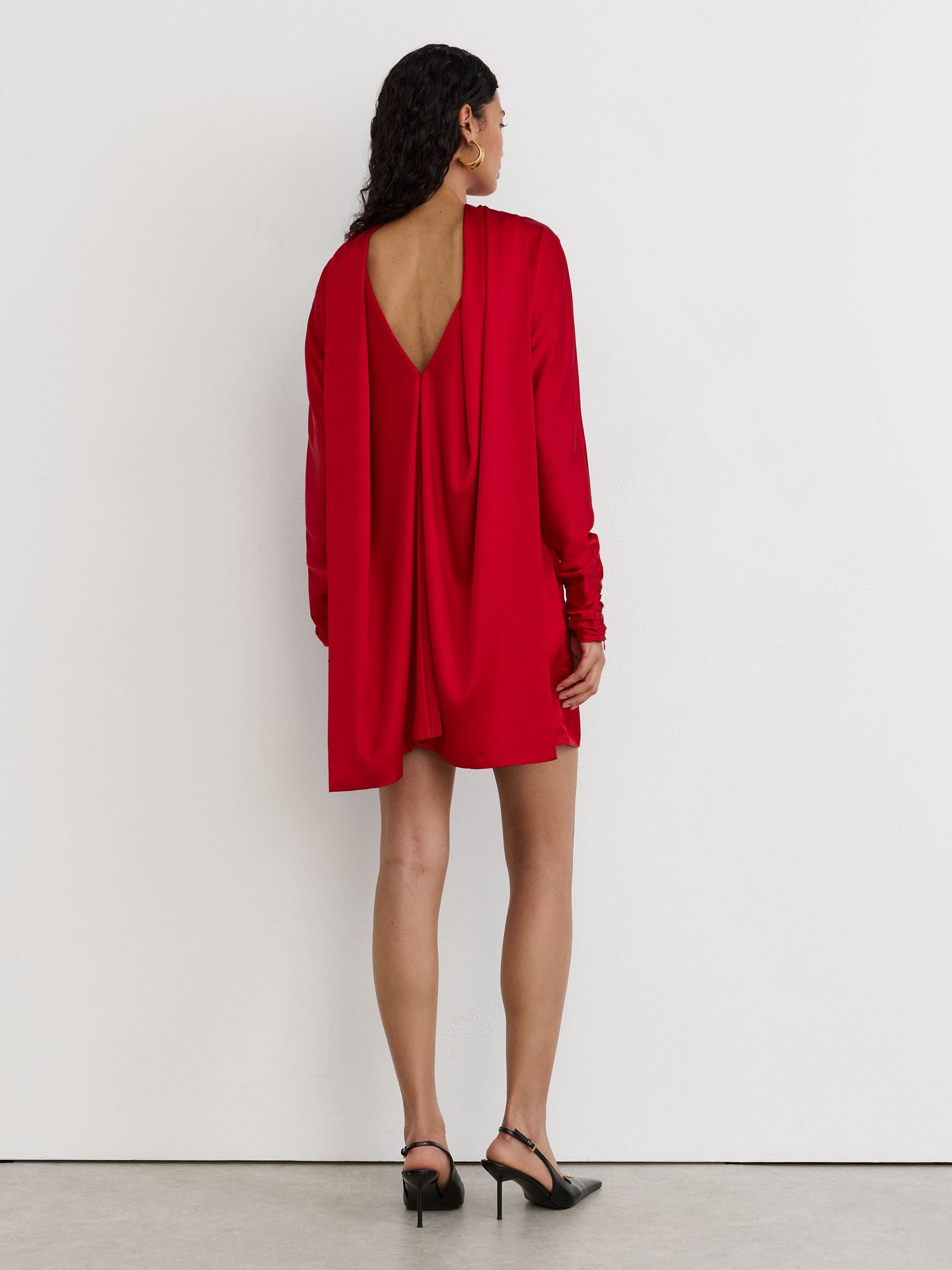 Satin Cape-Detail Mini Dress in Red - Image 8 of 9