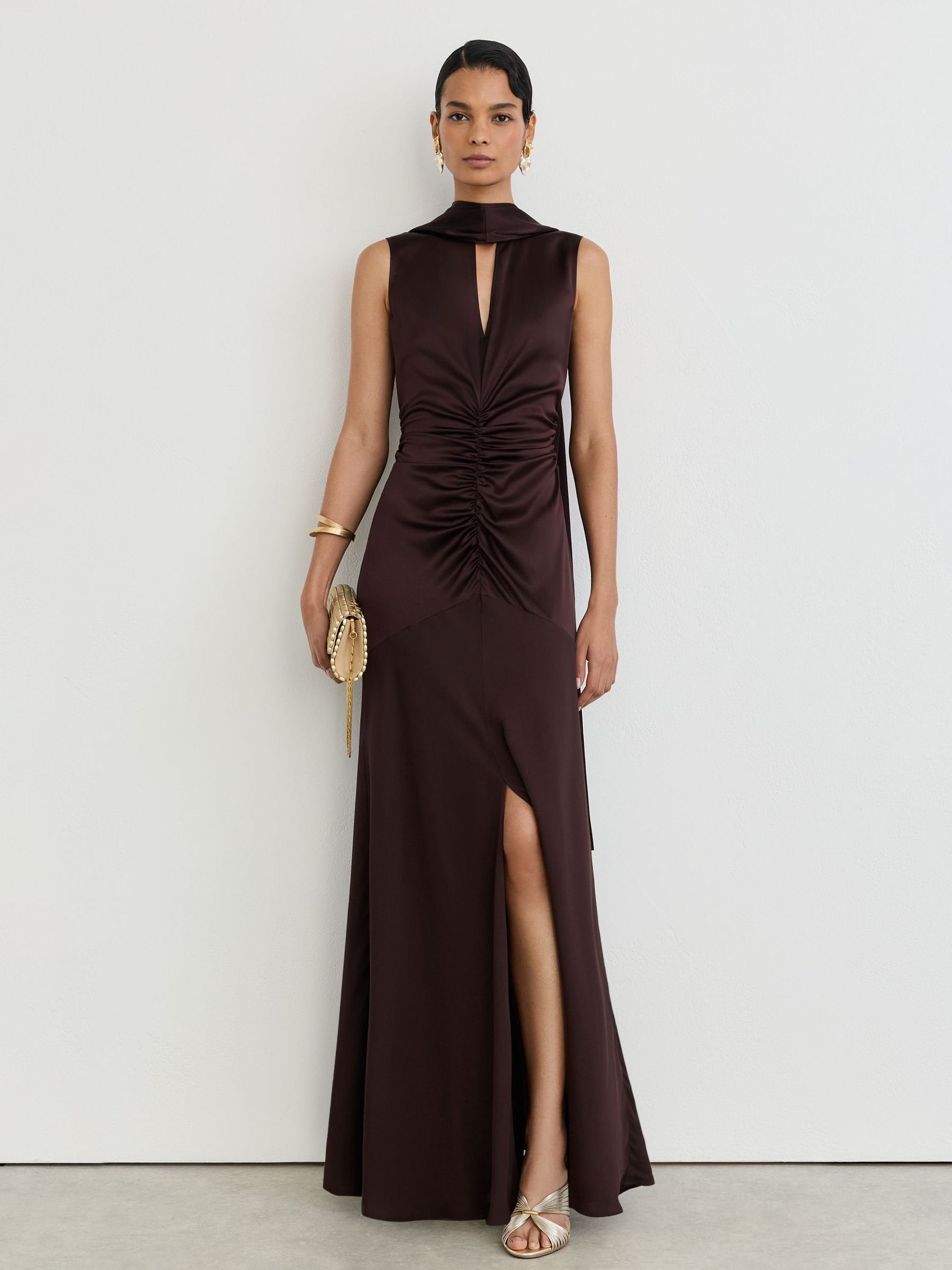 Cape-Detail Satin-Mix Ruched Maxi Dress in Grape Burgundy by Reiss