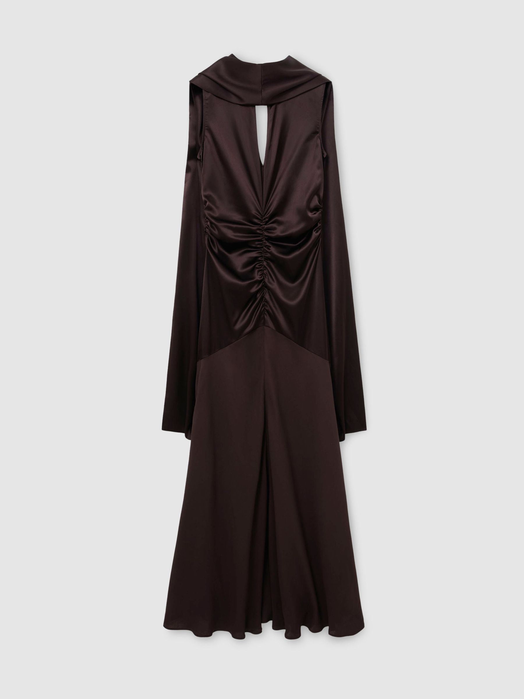 Cape-Detail Satin-Mix Ruched Maxi Dress in Grape Burgundy - Image 2 of 9