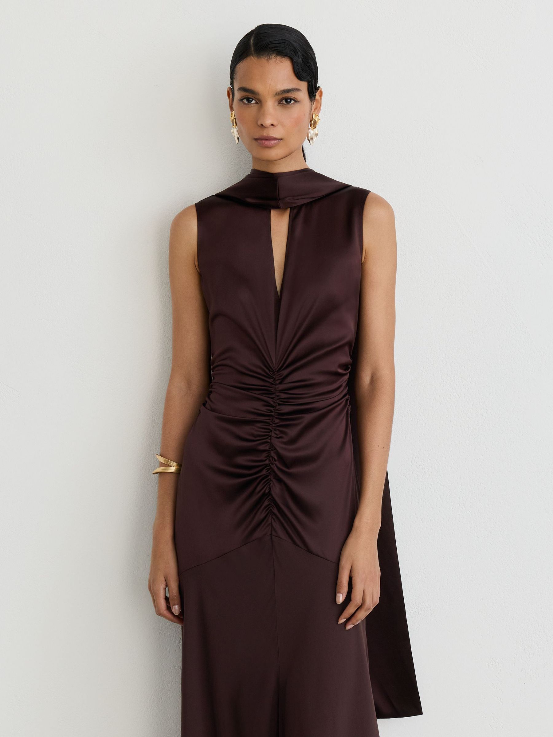 Cape-Detail Satin-Mix Ruched Maxi Dress in Grape Burgundy - Image 3 of 9