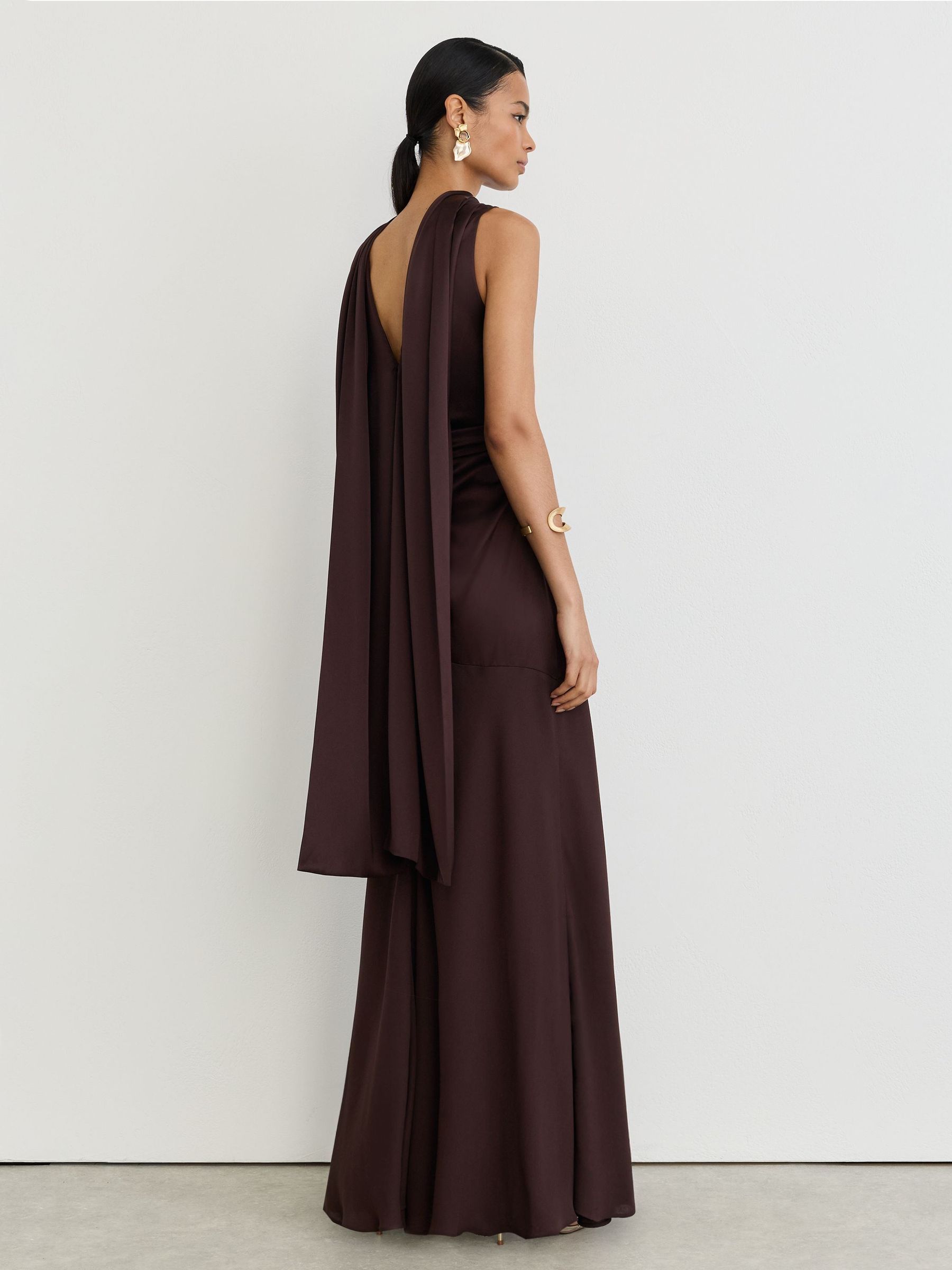 Cape-Detail Satin-Mix Ruched Maxi Dress in Grape Burgundy - Image 5 of 9