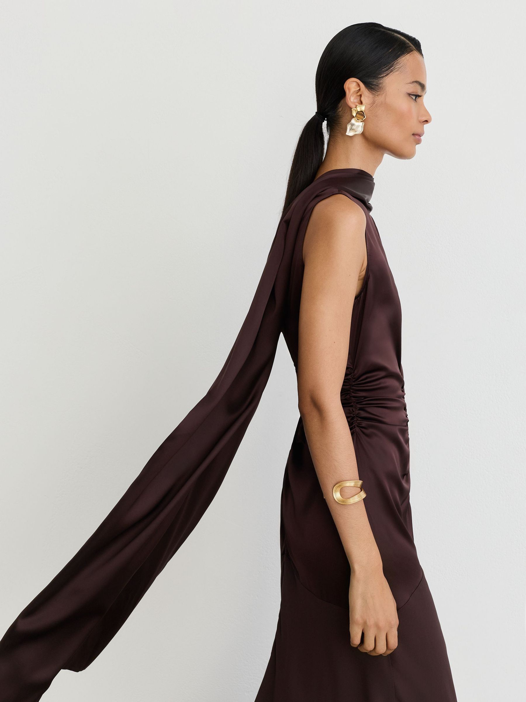 Cape-Detail Satin-Mix Ruched Maxi Dress in Grape Burgundy - Image 6 of 9