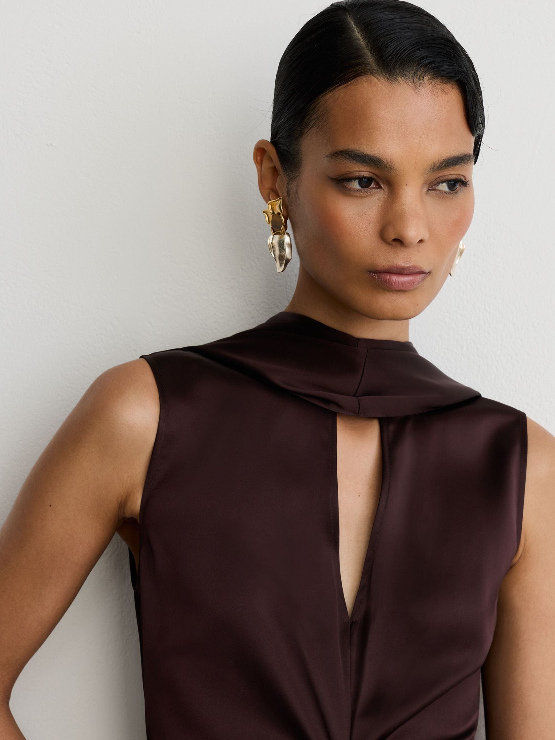 Cape-Detail Satin-Mix Ruched Maxi Dress in Grape Burgundy - Image 7 of 9