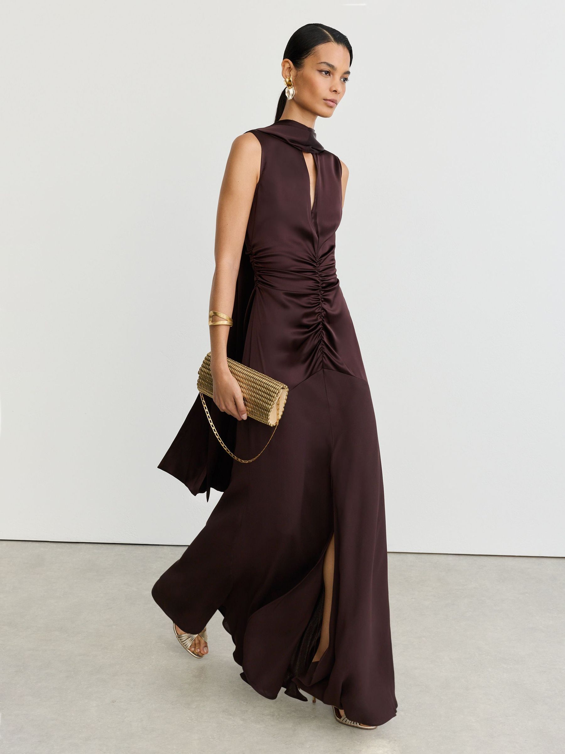Cape-Detail Satin-Mix Ruched Maxi Dress in Grape Burgundy - Image 8 of 9