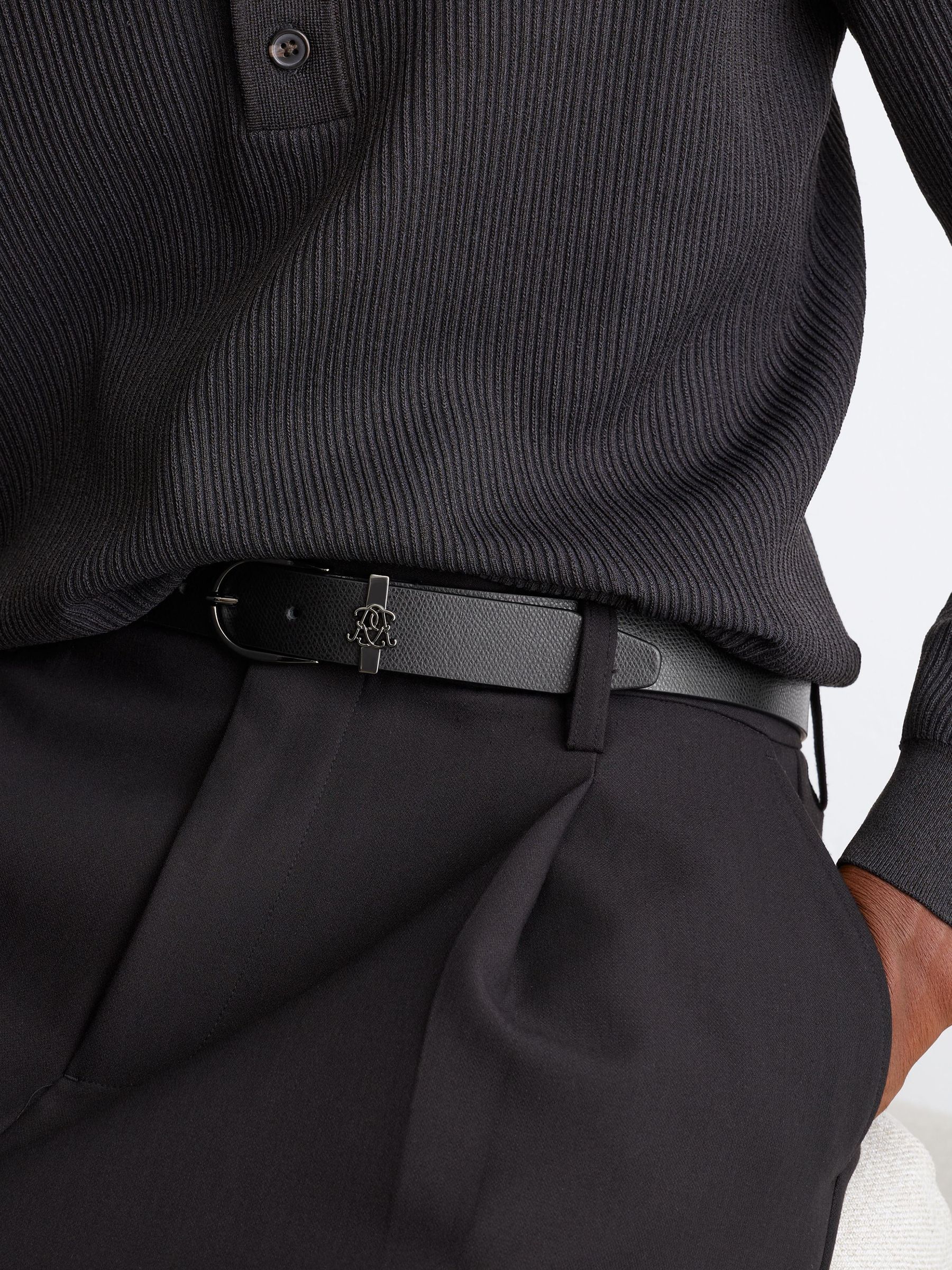 Grained-Leather Monogram-Detail Belt in Black - Image 1 of 6