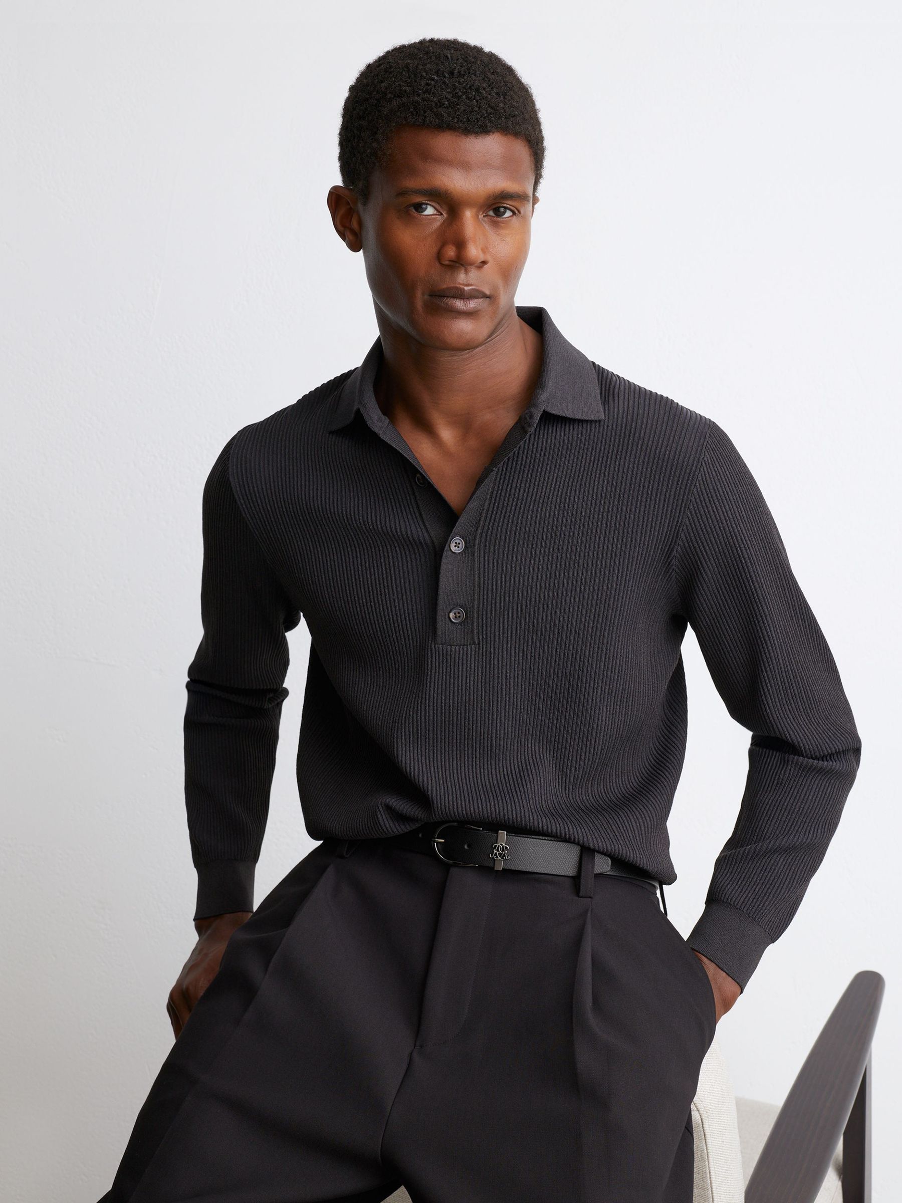 Grained-Leather Monogram-Detail Belt in Black - Image 6 of 6