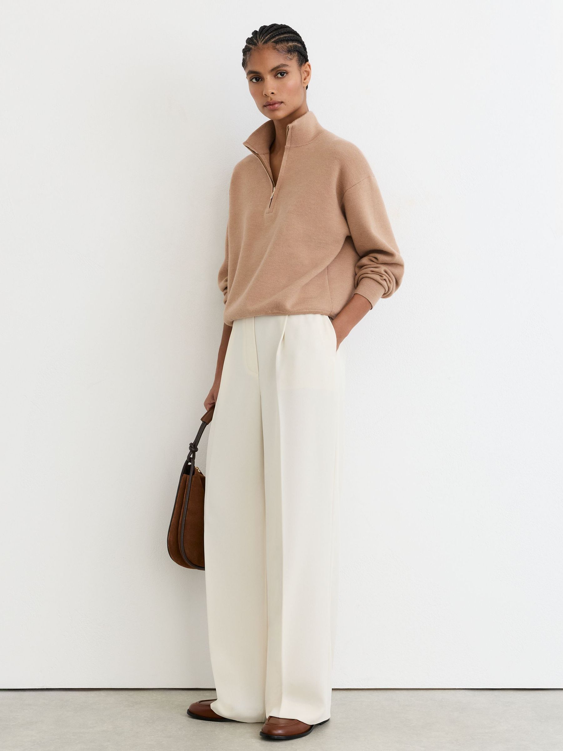 Wool-Blend Half-Zip Jumper in Camel by Reiss