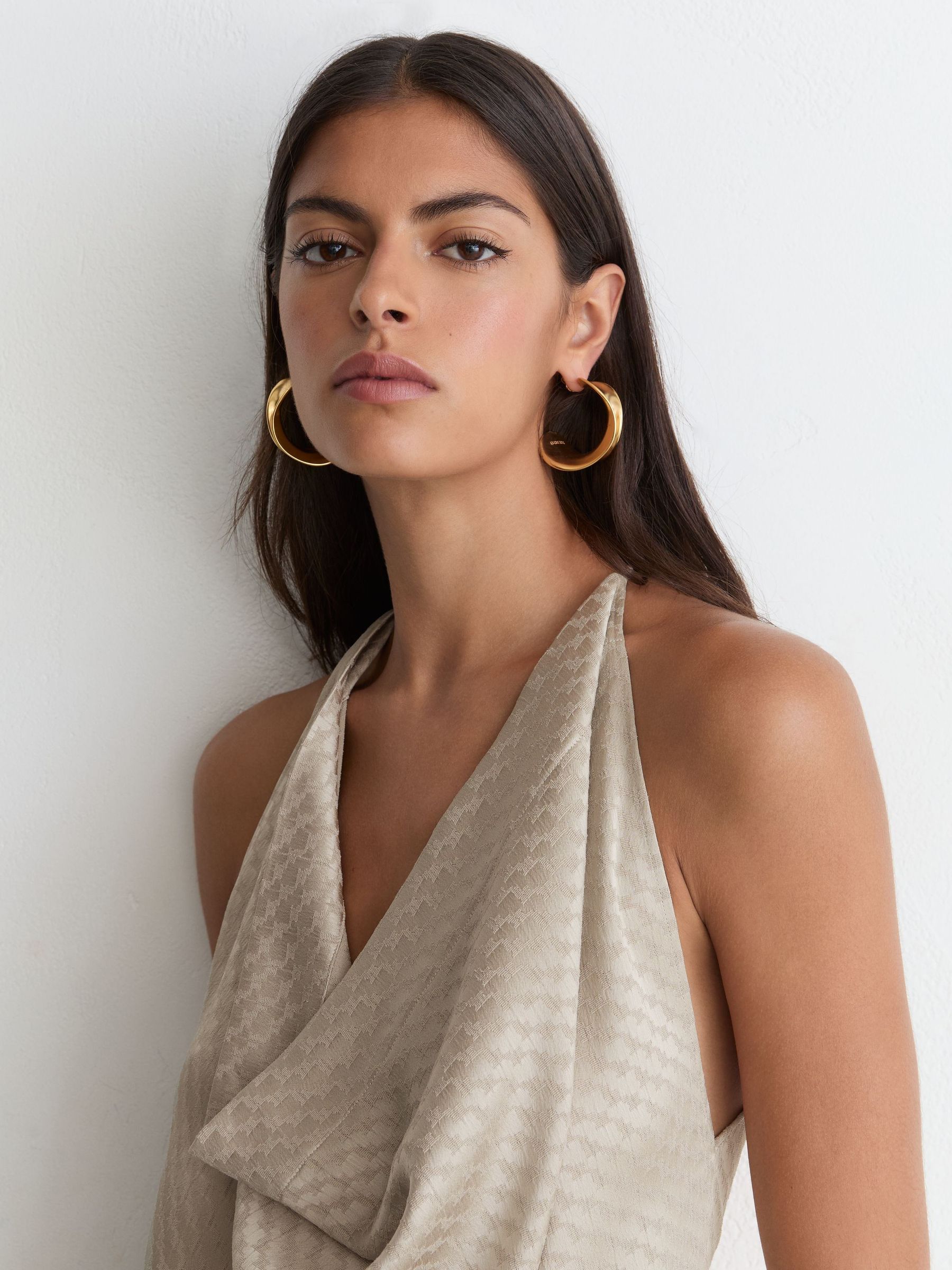 Haut drapé sans manches en jacquard couleur champagne neutre - Image 4 de 8
