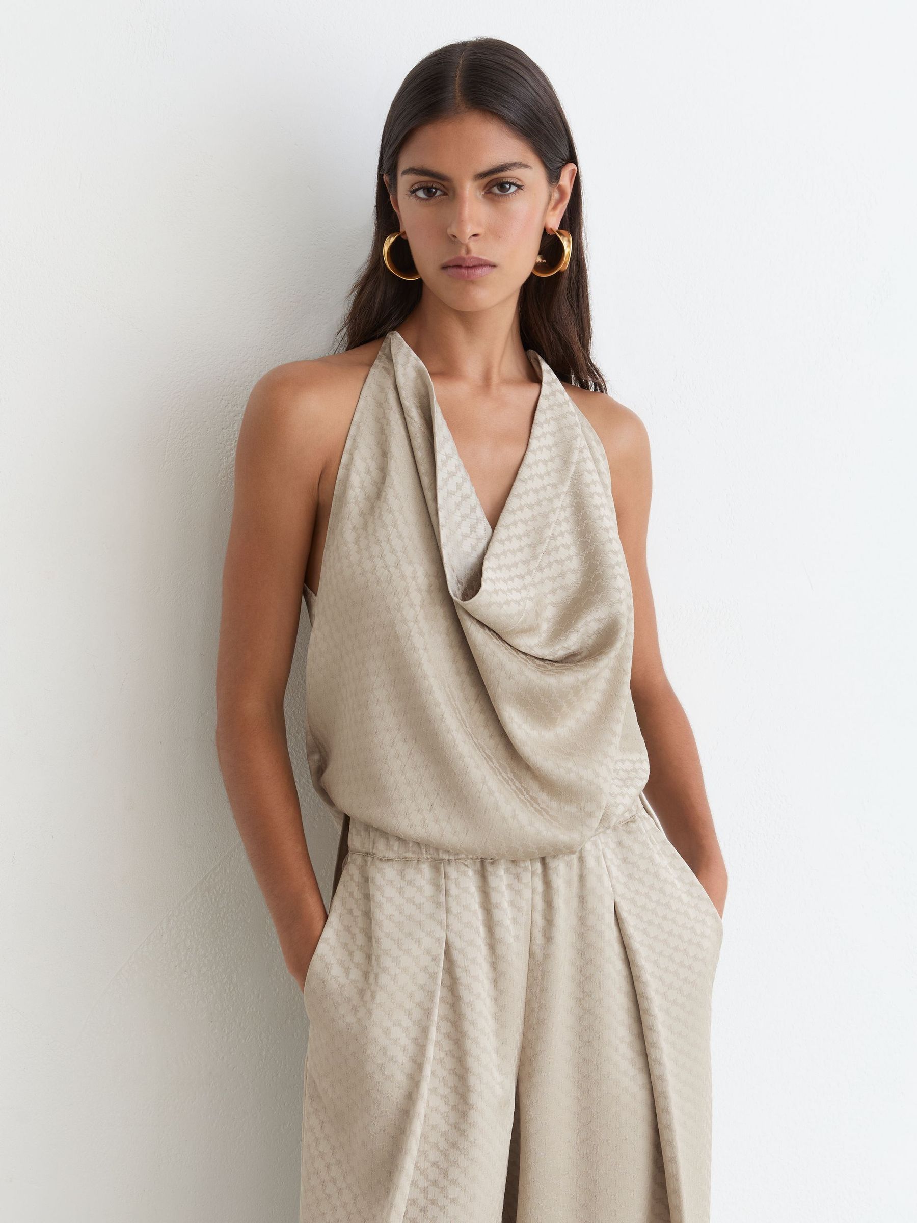 Haut drapé sans manches en jacquard couleur champagne neutre - Image 6 de 8