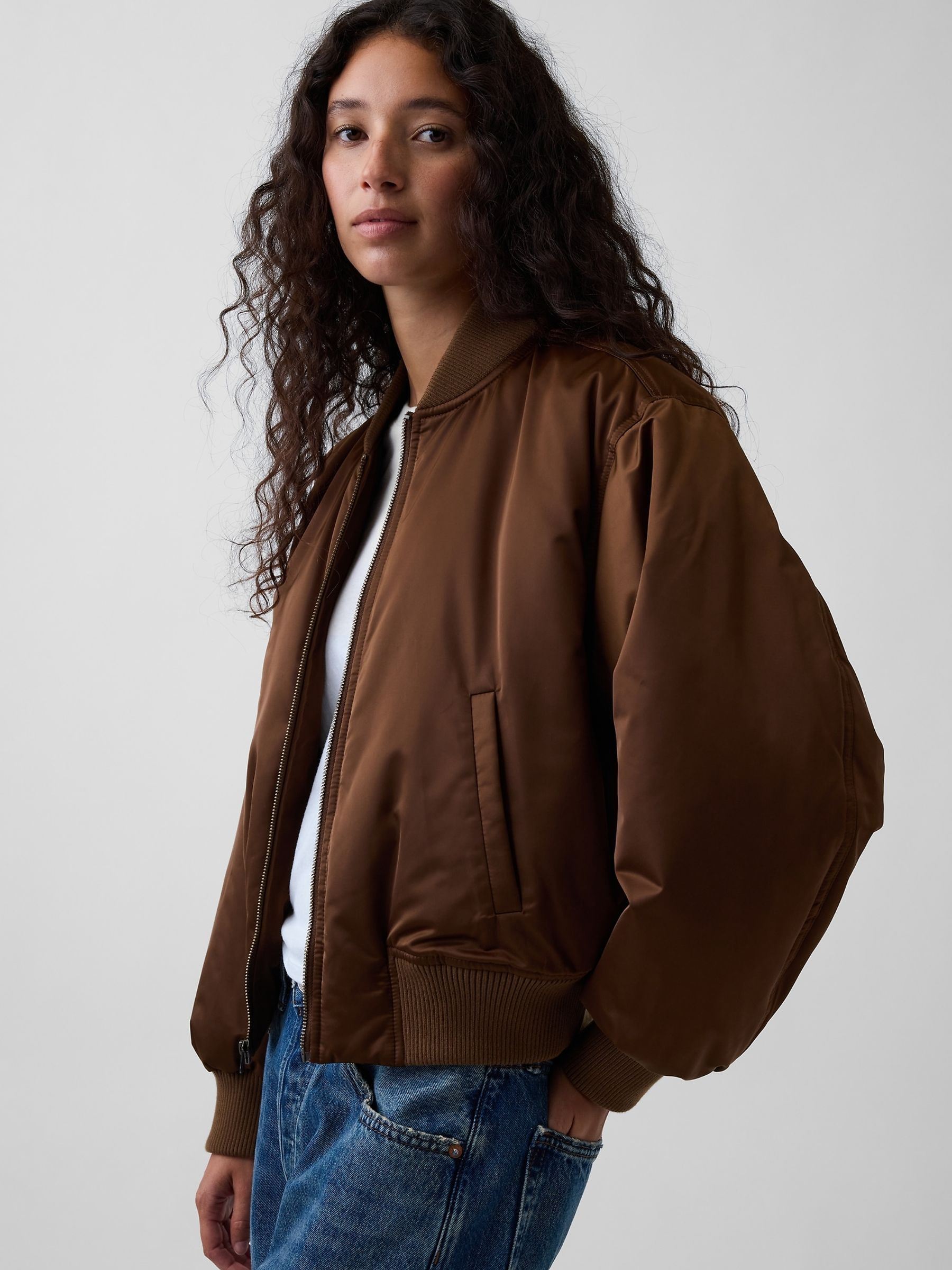 Brown Padded Satin Bomber Jacket - Image 3 of 4