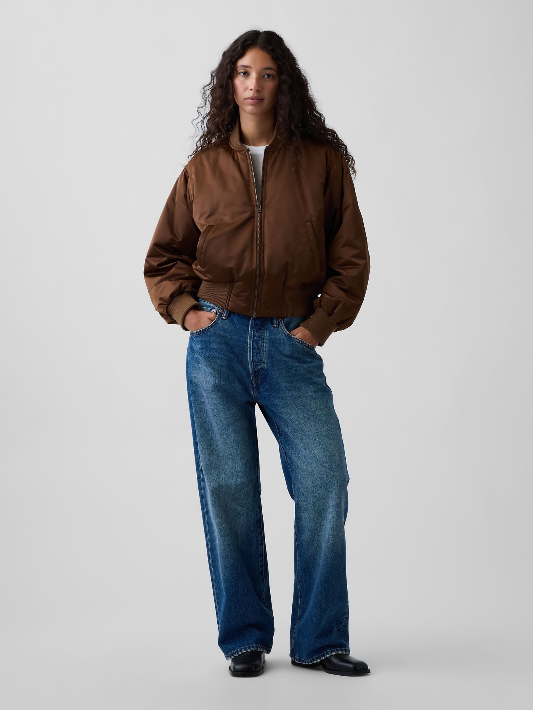 Brown Padded Satin Bomber Jacket - Image 4 of 4