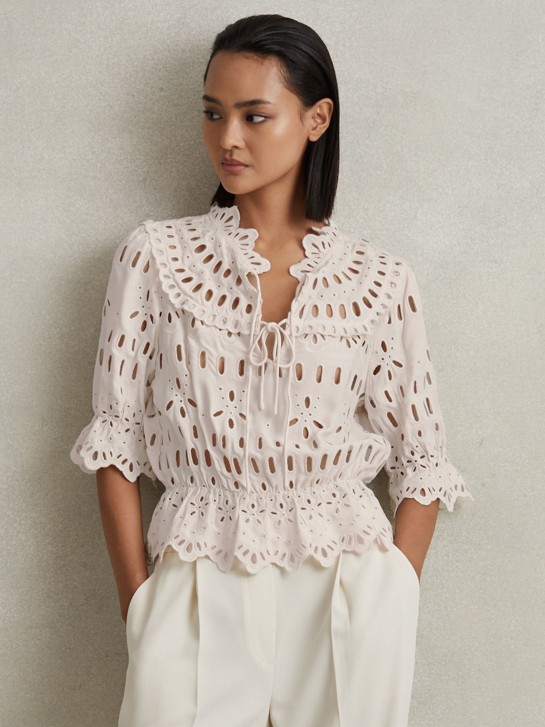 Broderie Tie Neck Blouse in Cream - Image 1 of 5