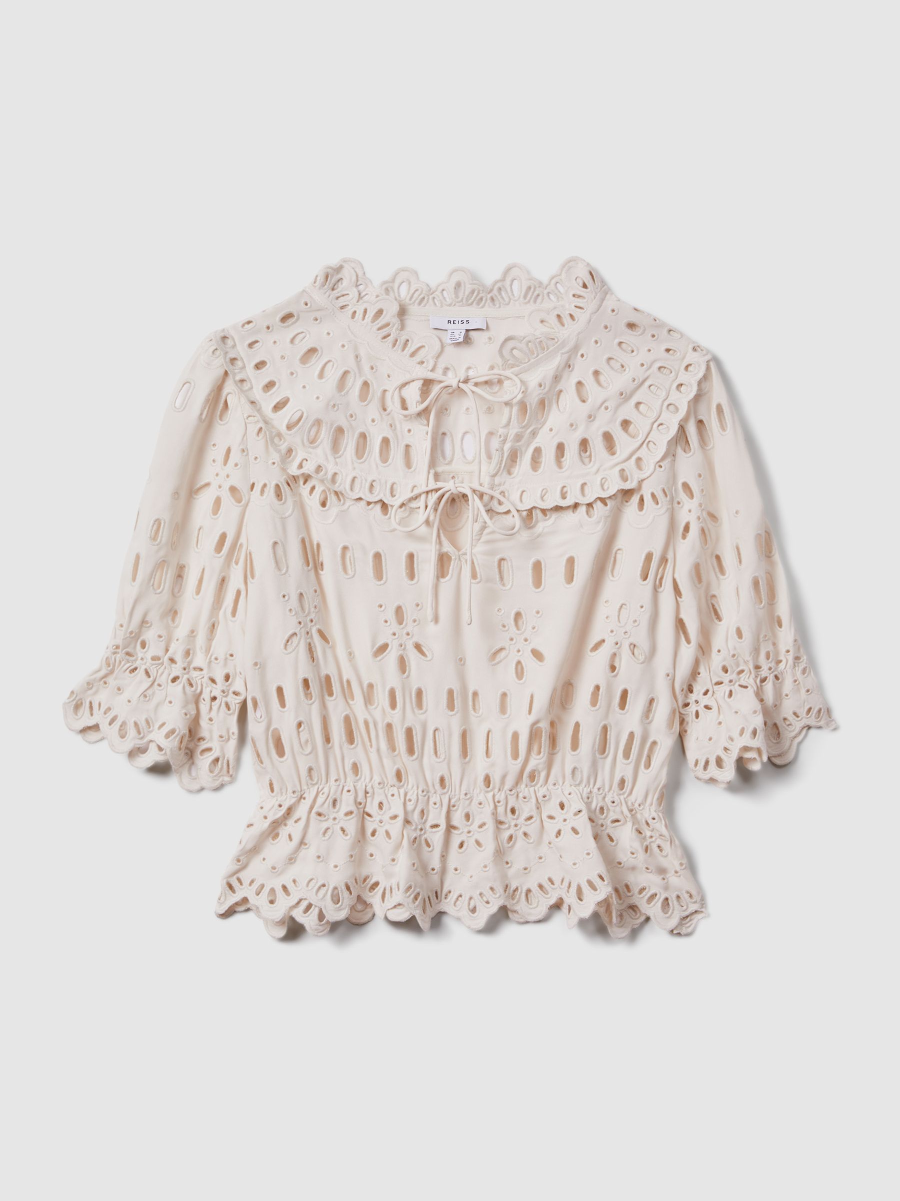 Broderie Tie Neck Blouse in Cream - Image 2 of 5