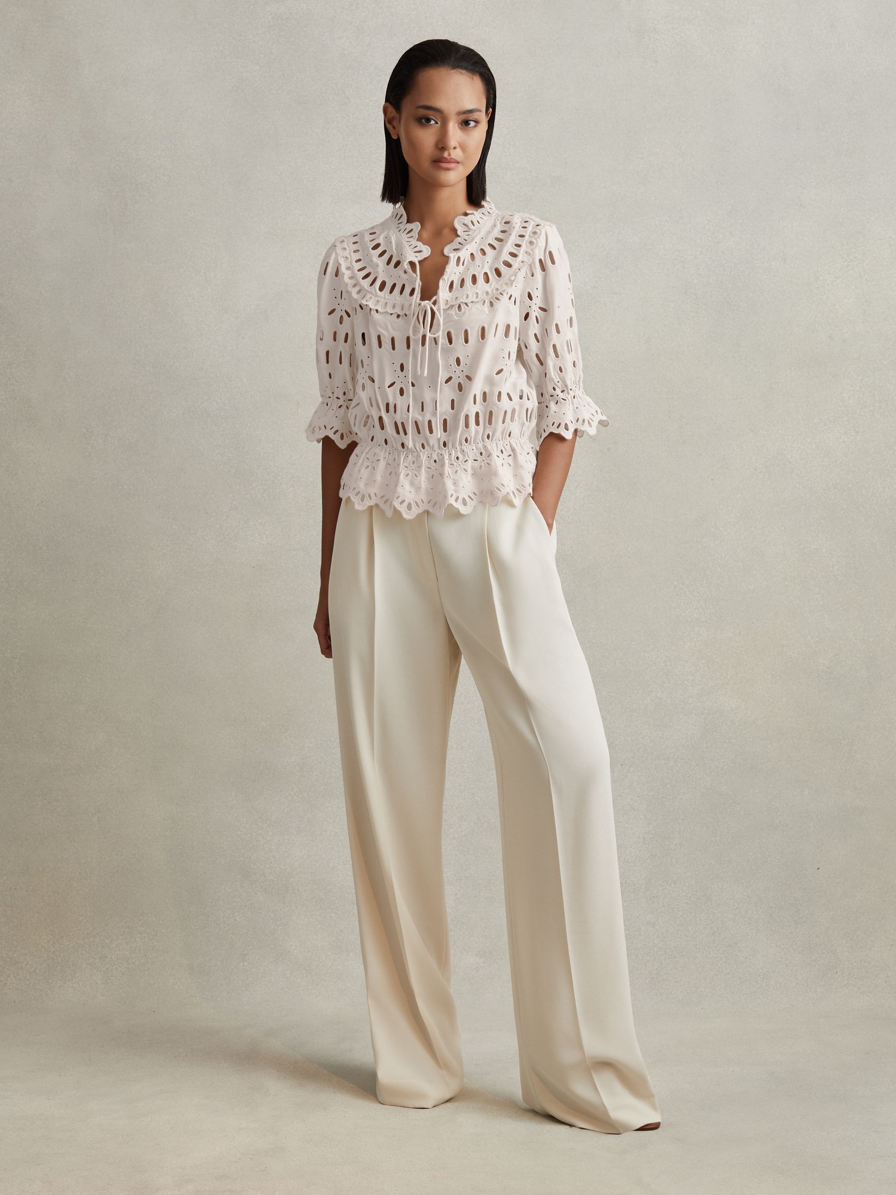 Broderie Tie Neck Blouse in Cream - Image 3 of 5