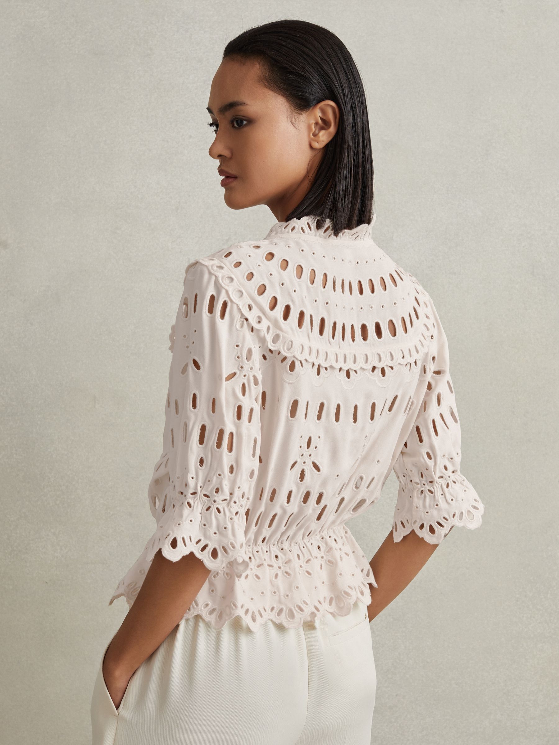 Broderie Tie Neck Blouse in Cream - Image 4 of 5