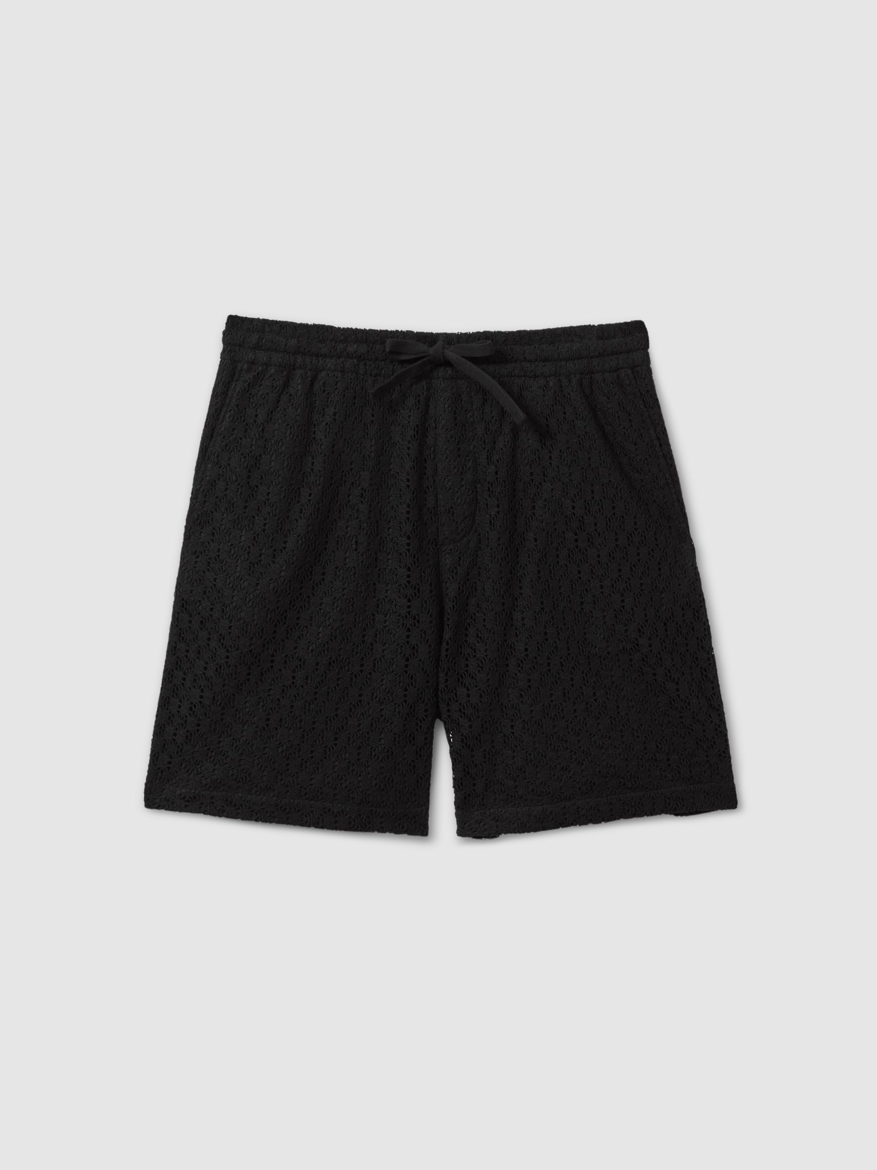 Cotton Blend Crochet Drawstring Shorts in Black - Image 2 of 6