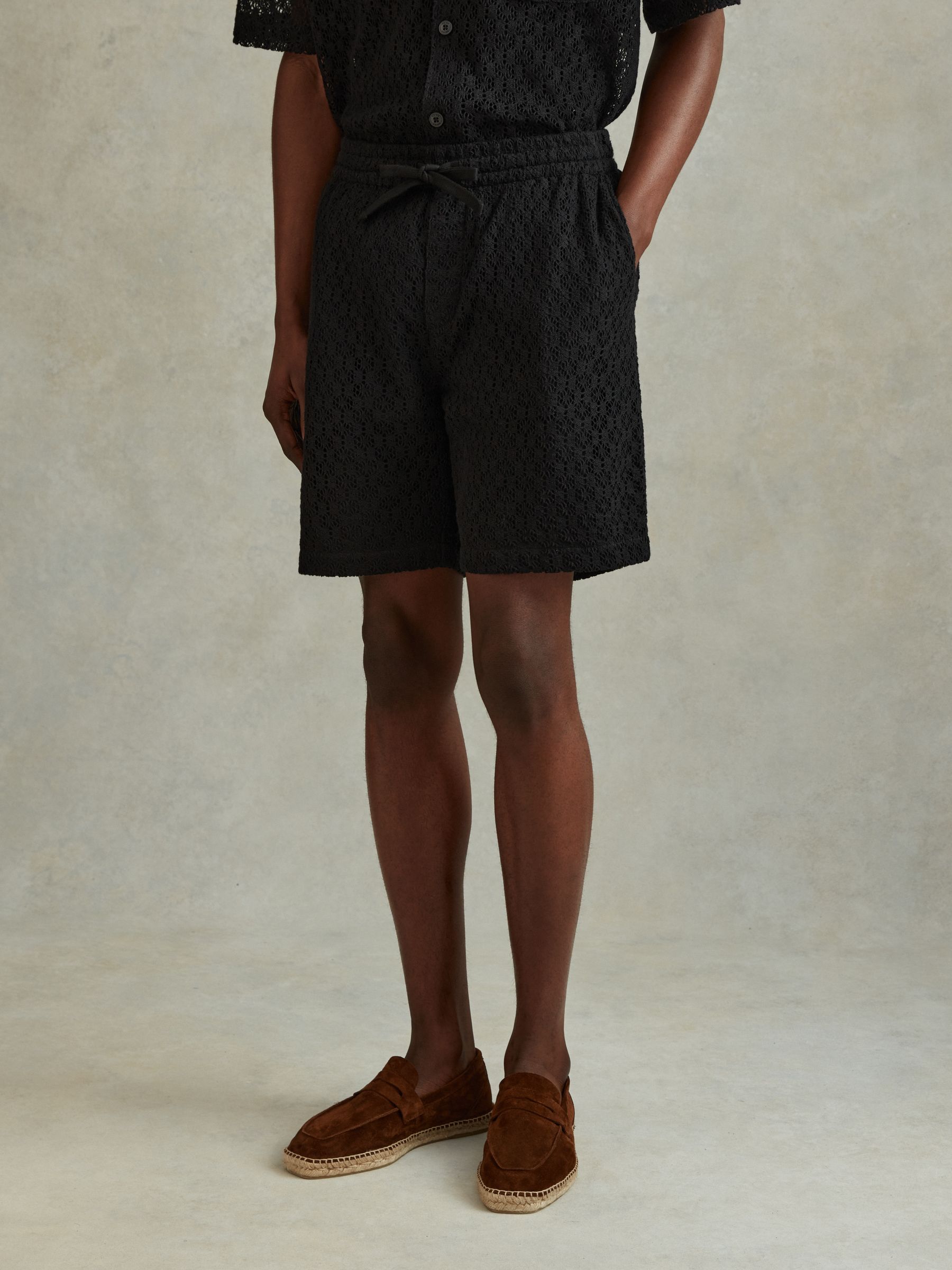 Cotton Blend Crochet Drawstring Shorts in Black - Image 3 of 6