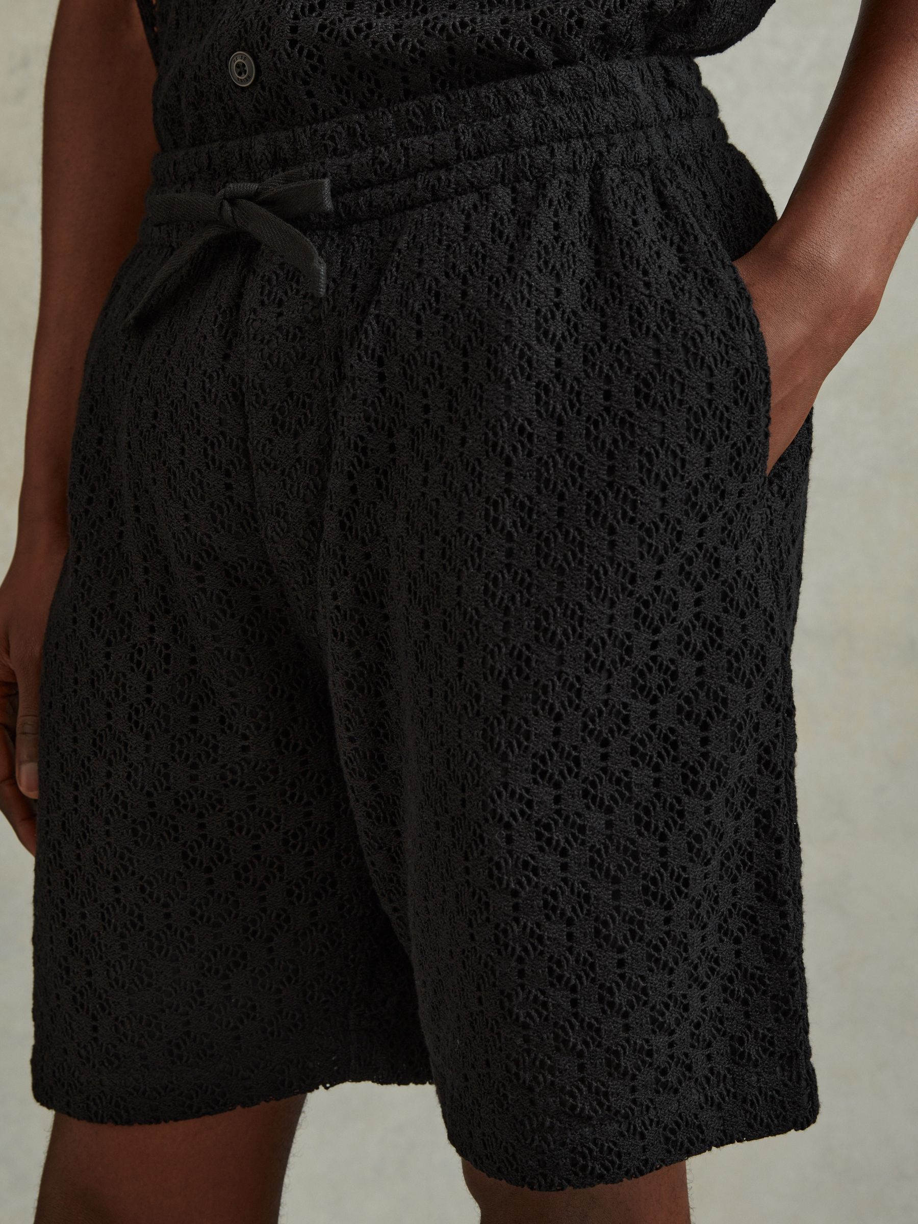 Cotton Blend Crochet Drawstring Shorts in Black - Image 4 of 6