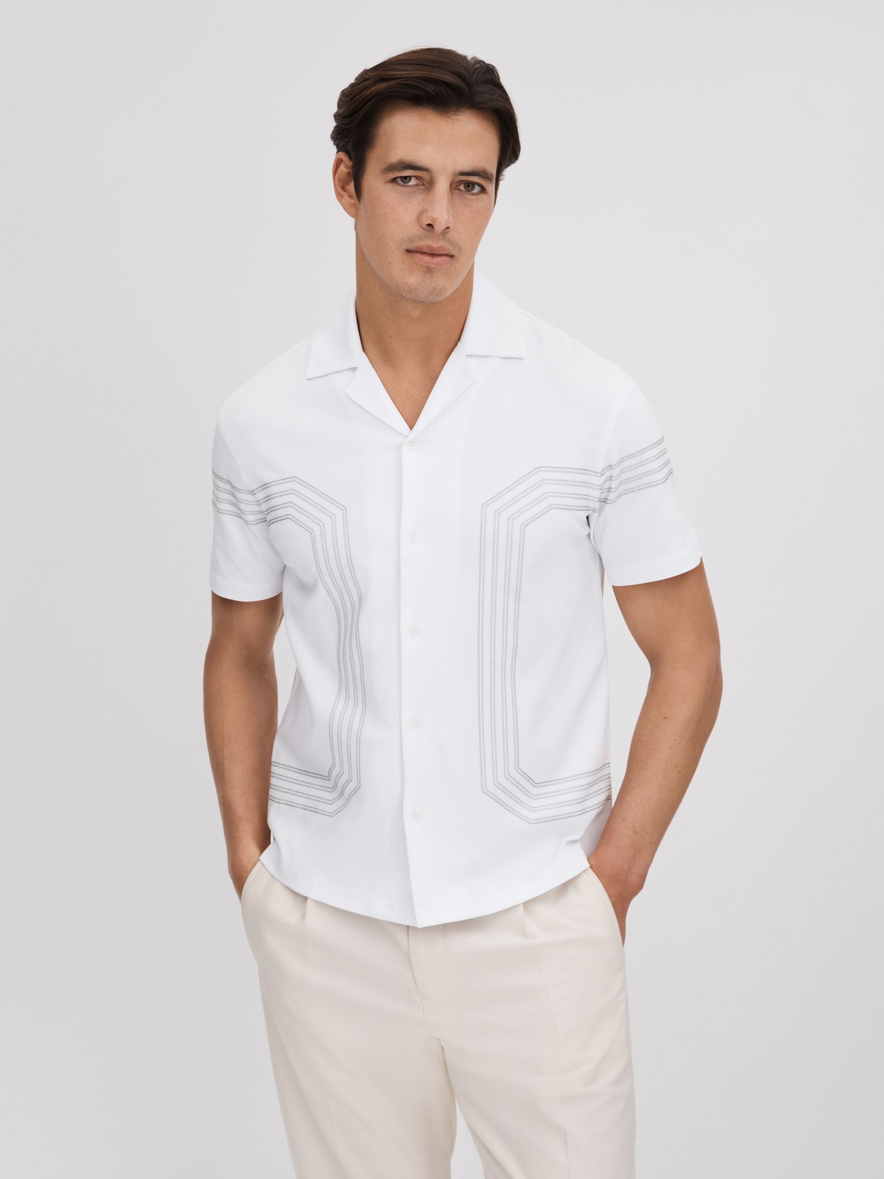 Mercerised Cotton Embroidered Cuban Collar Shirt in White/Sage - Image 1 of 6 Mercerised Cotton Embroidered Cuban Collar Shirt in White/Sage - Image 1 of 6
