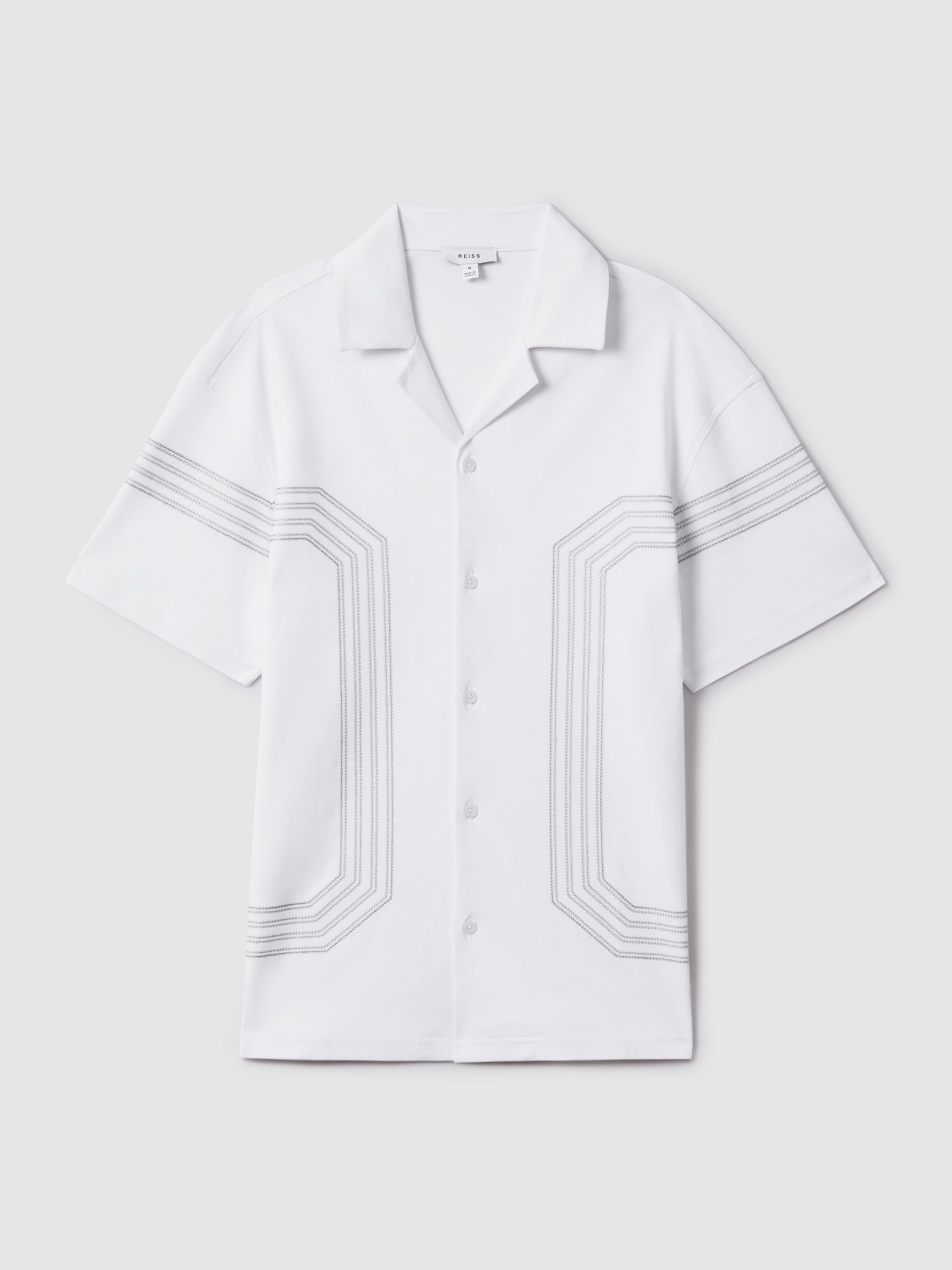 Mercerised Cotton Embroidered Cuban Collar Shirt in White/Sage - Image 2 of 6