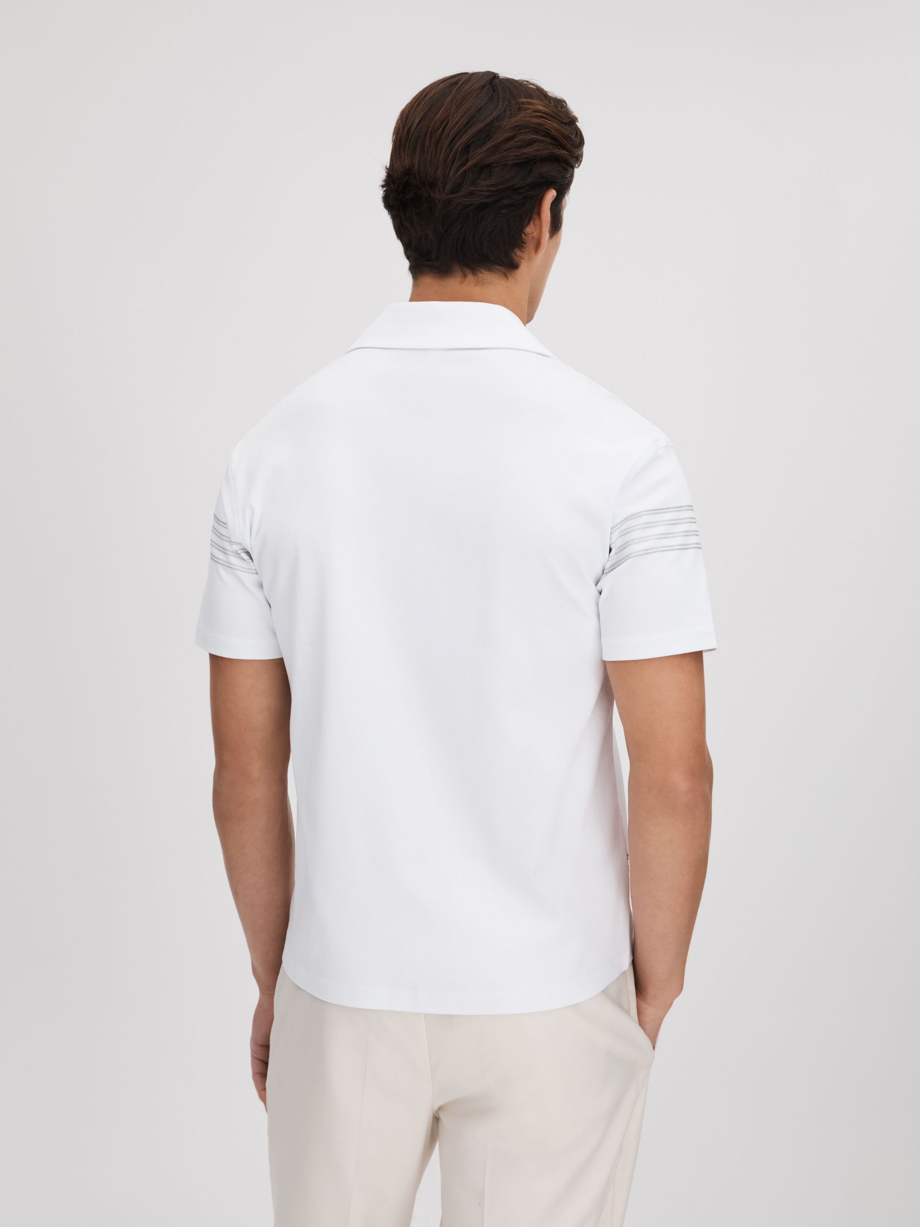 Mercerised Cotton Embroidered Cuban Collar Shirt in White/Sage - Image 5 of 6