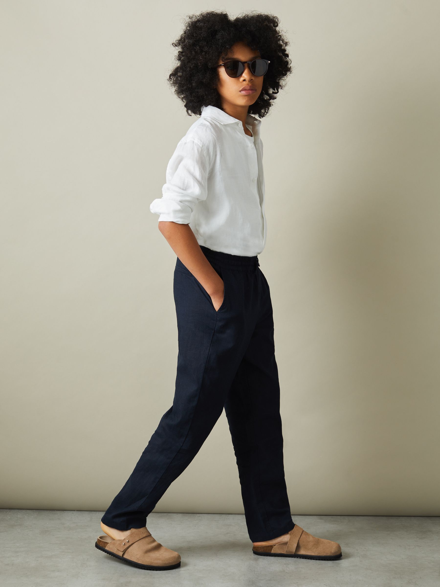 9-13 yrs Striped Linen Cutaway Collar Shirt in White - Image 3 of 4