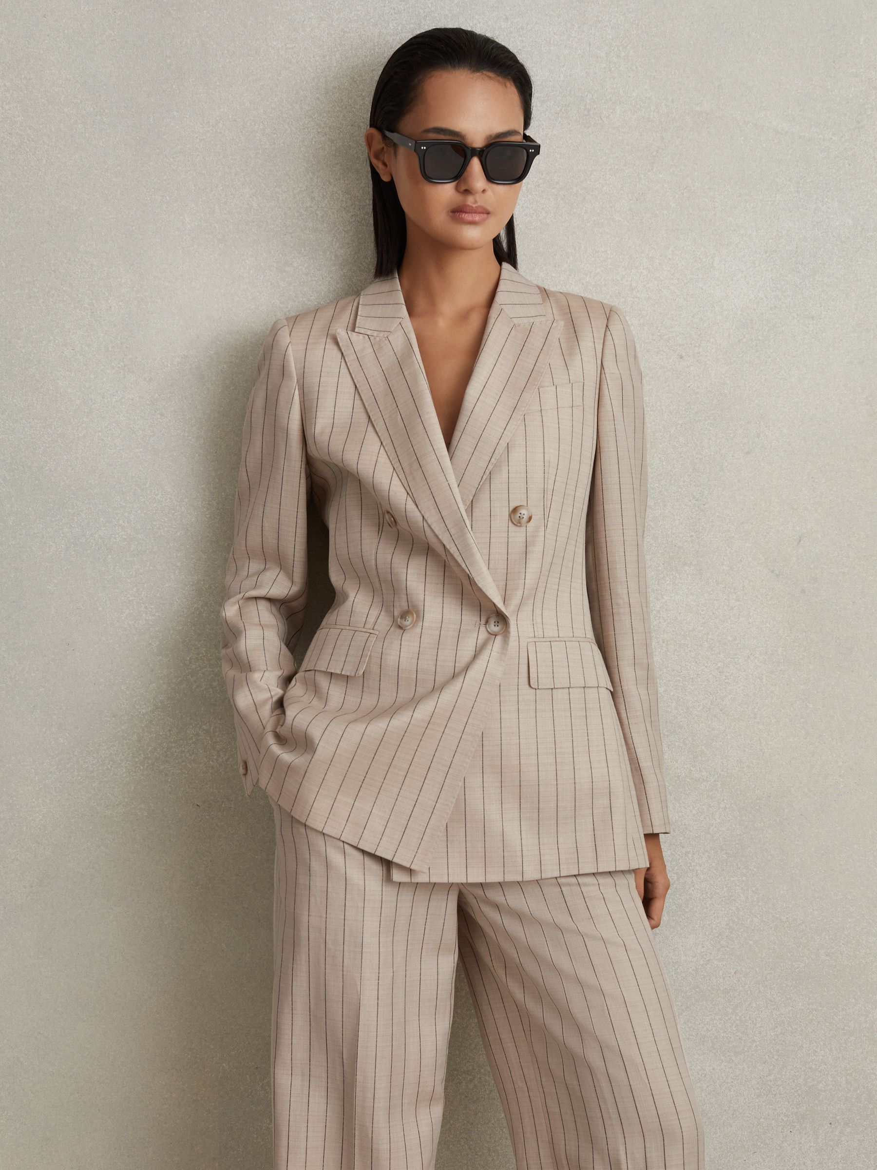 Wool Blend Striped Double Breasted Blazer in Neutral - Image 3 of 6