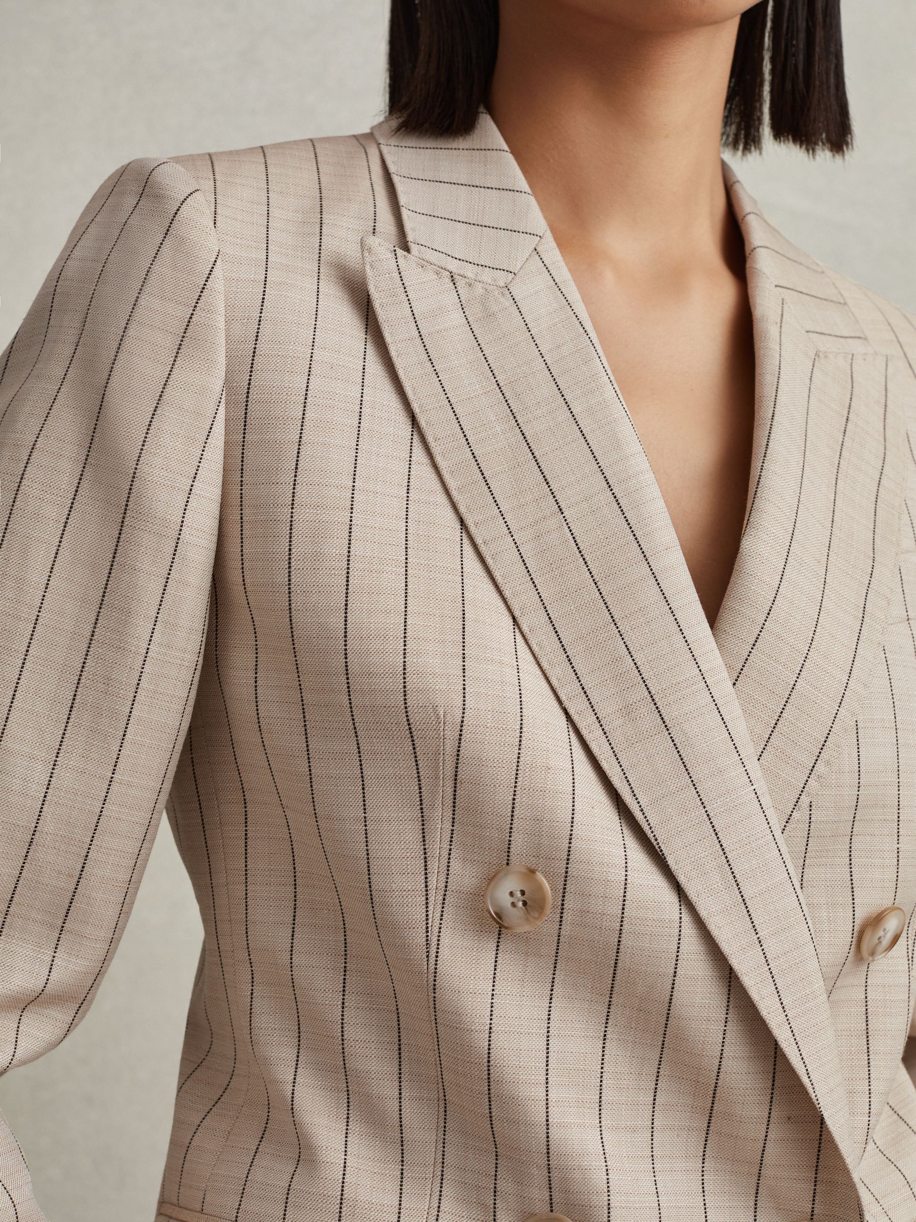 Wool Blend Striped Double Breasted Blazer in Neutral - Image 5 of 6
