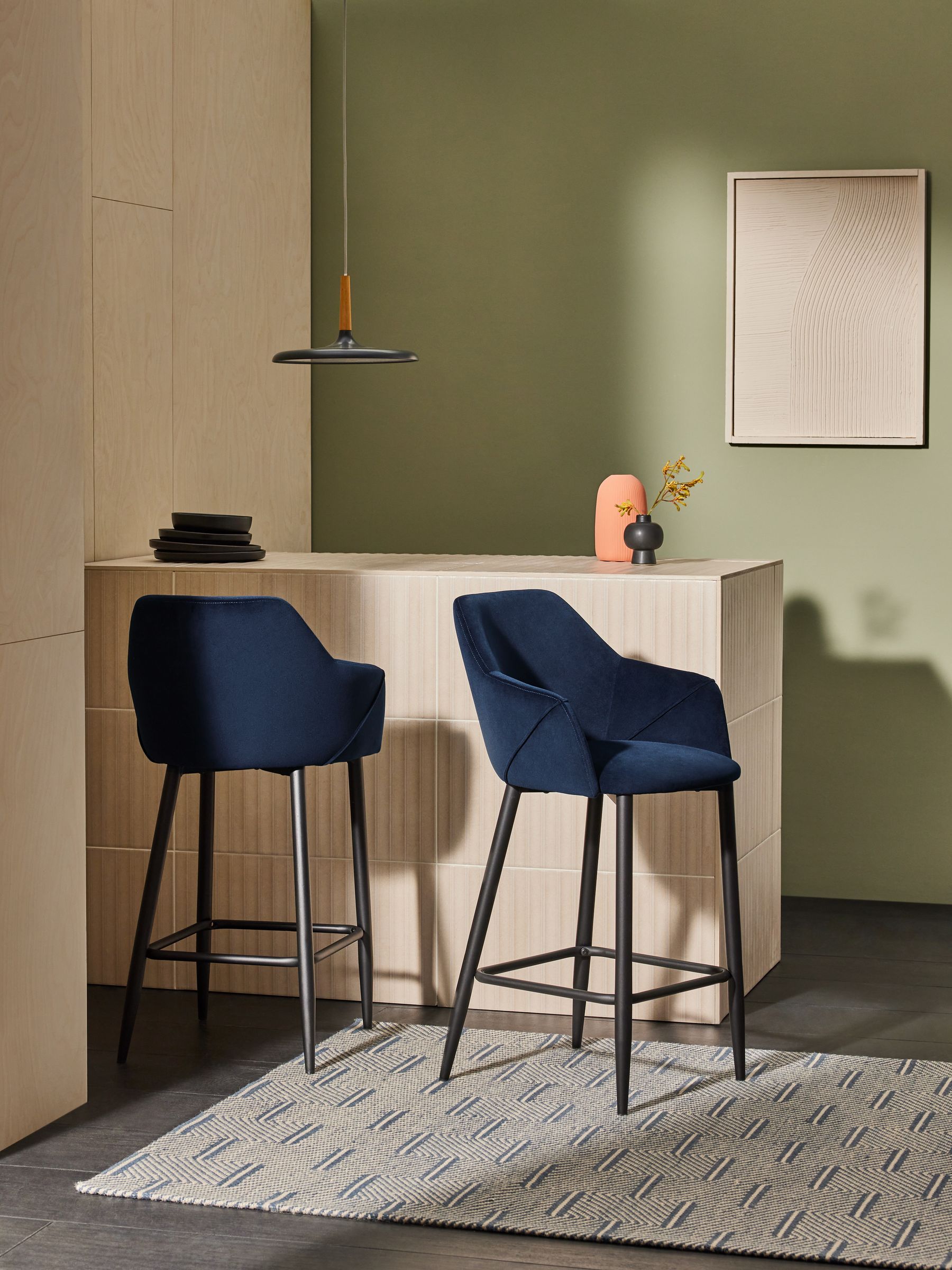 Lule Bar Stool in Velvet in Dark Blue and Black Legs - Image 1 of 4