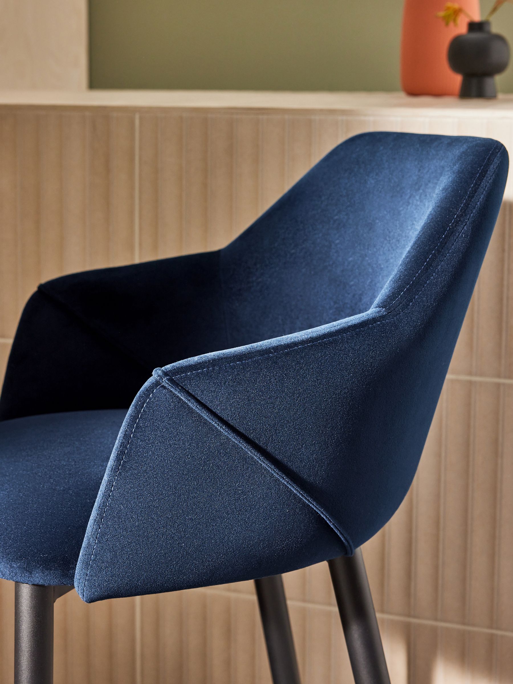 Lule Bar Stool in Velvet in Dark Blue and Black Legs - Image 2 of 4