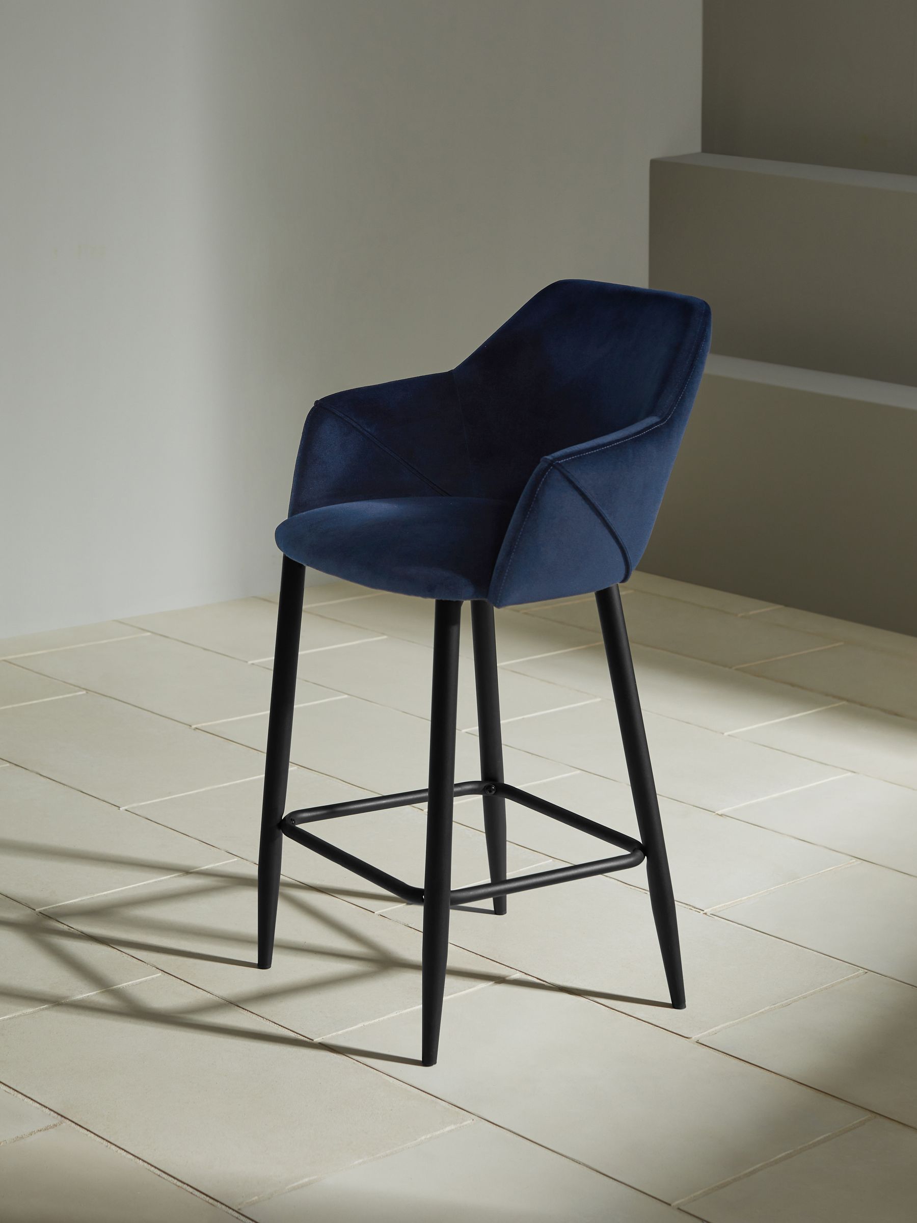 Lule Bar Stool in Velvet in Dark Blue and Black Legs - Image 3 of 4