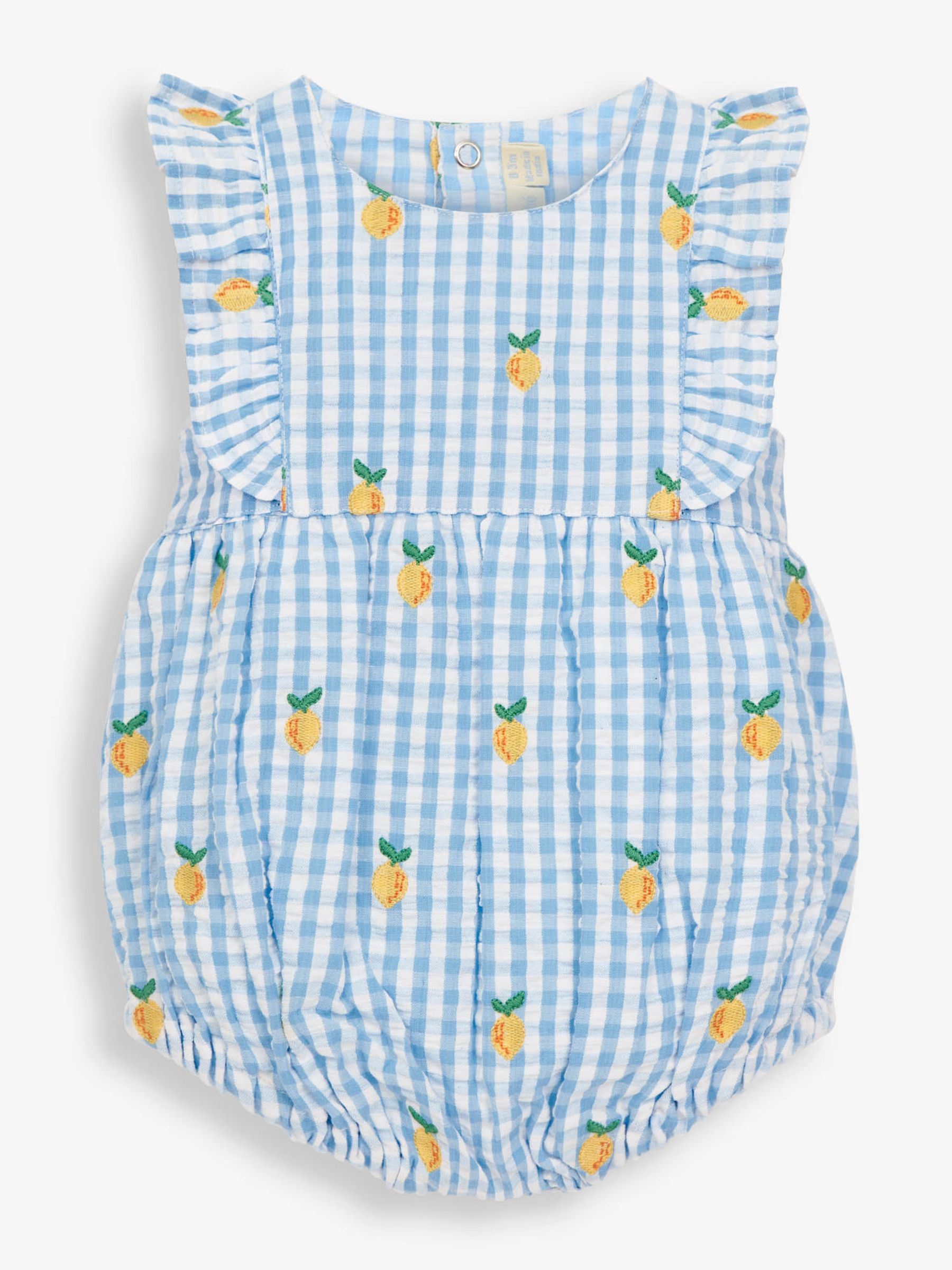 Blue Blue Gingham Lemon Embroidered Bubble Baby Romper | JoJo