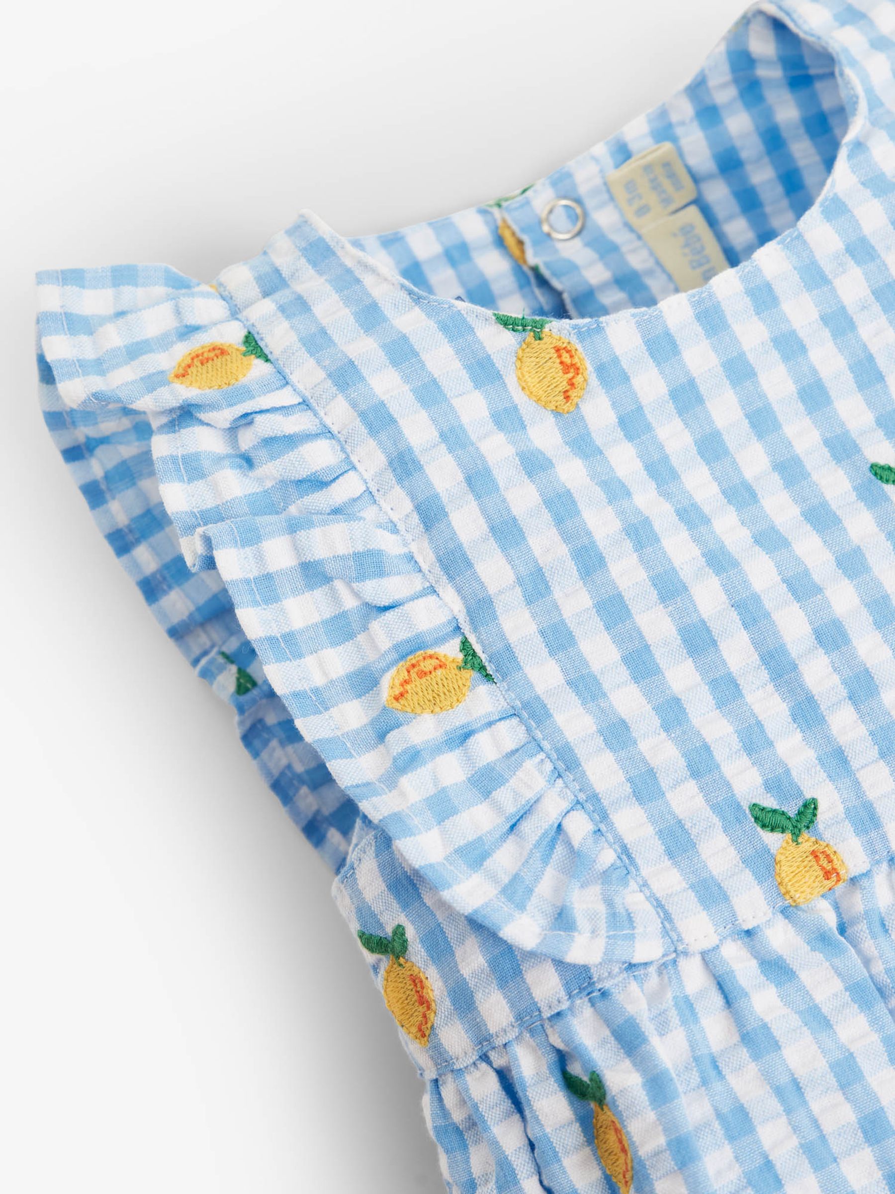 Blue Blue Gingham Lemon Embroidered Bubble Baby Romper | JoJo