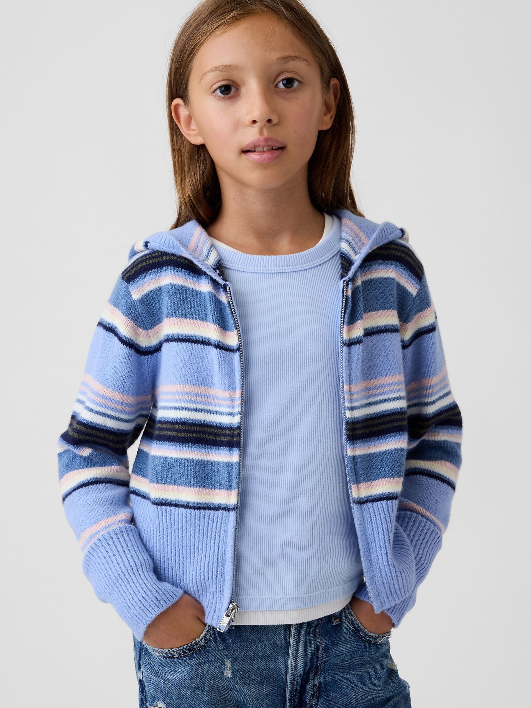 Blue/Pink Stripe CashSoft Zip-Up Knitted Hoodie - Image 1 of 6 Blue/Pink Stripe CashSoft Zip-Up Knitted Hoodie - Image 1 of 6