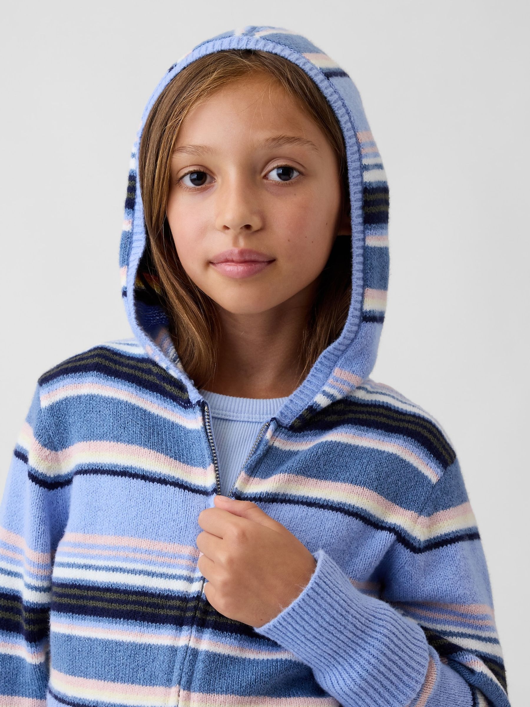 Blue/Pink Stripe CashSoft Zip-Up Knitted Hoodie - Image 4 of 6