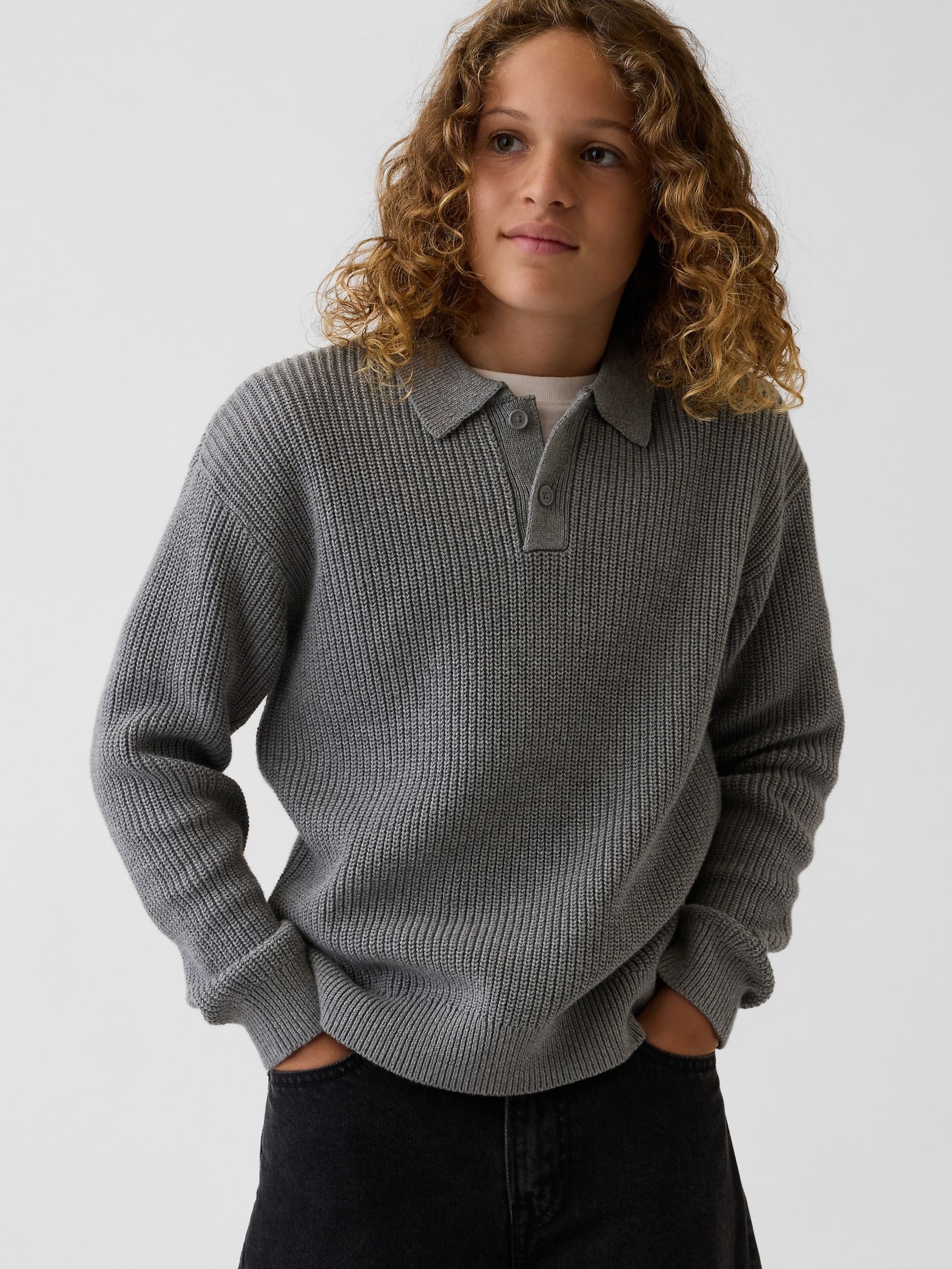 Grey Relaxed Polo Jumper - Image 1 of 5