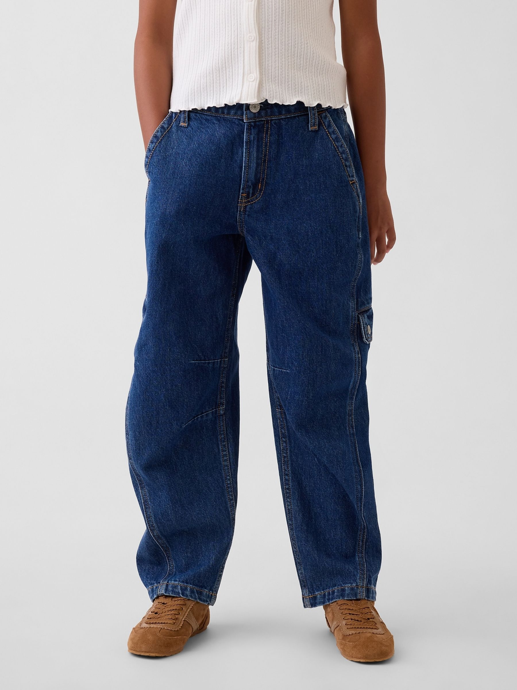 Dark Wash Barrel Cargo Jeans - Image 1 of 5