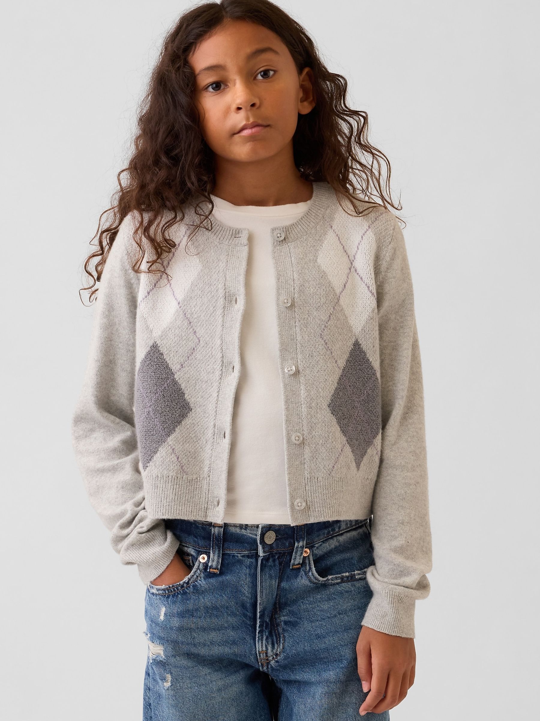 Grey Argyle CashSoft Cardigan - Image 1 of 5 Grey Argyle CashSoft Cardigan - Image 1 of 5