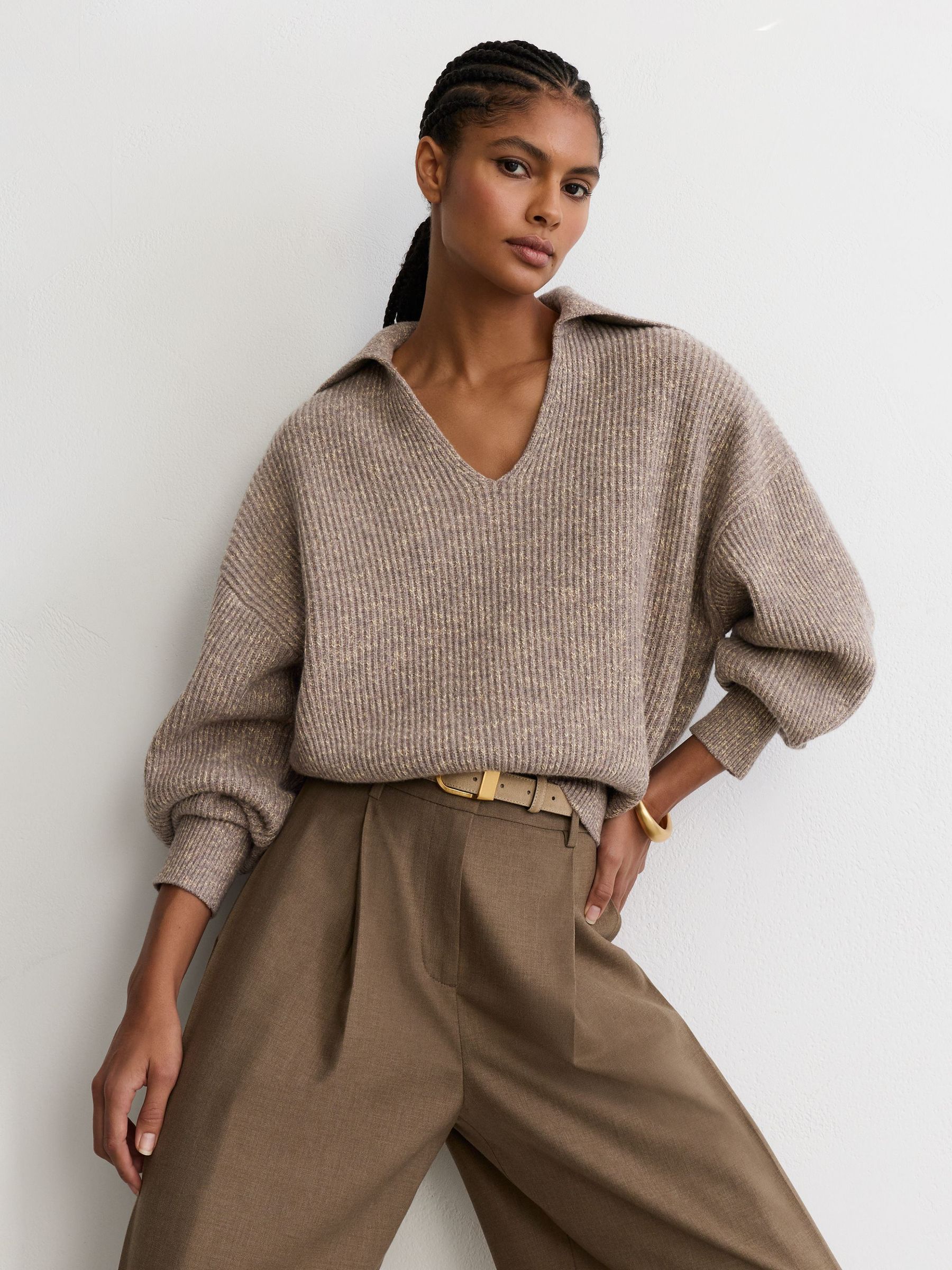Wool-Cotton Rib-Knit Open-Collar Jumper in Stone Neutral - Image 1 of 7 Wool-Cotton Rib-Knit Open-Collar Jumper in Stone Neutral - Image 1 of 7