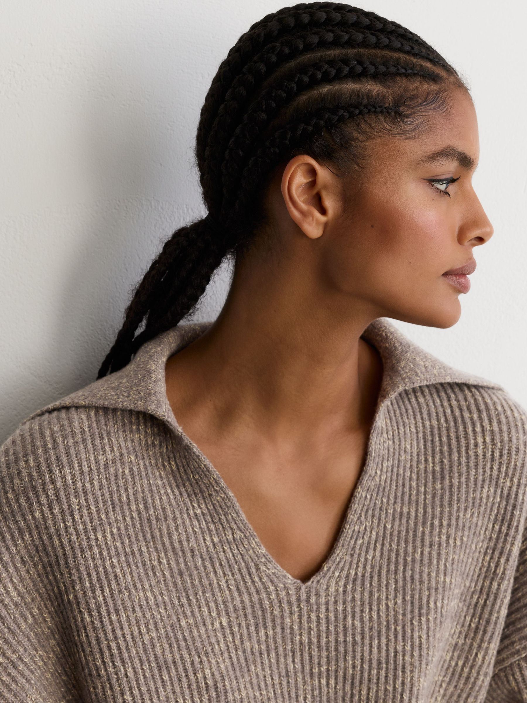 Wool-Cotton Rib-Knit Open-Collar Jumper in Stone Neutral - Image 5 of 7