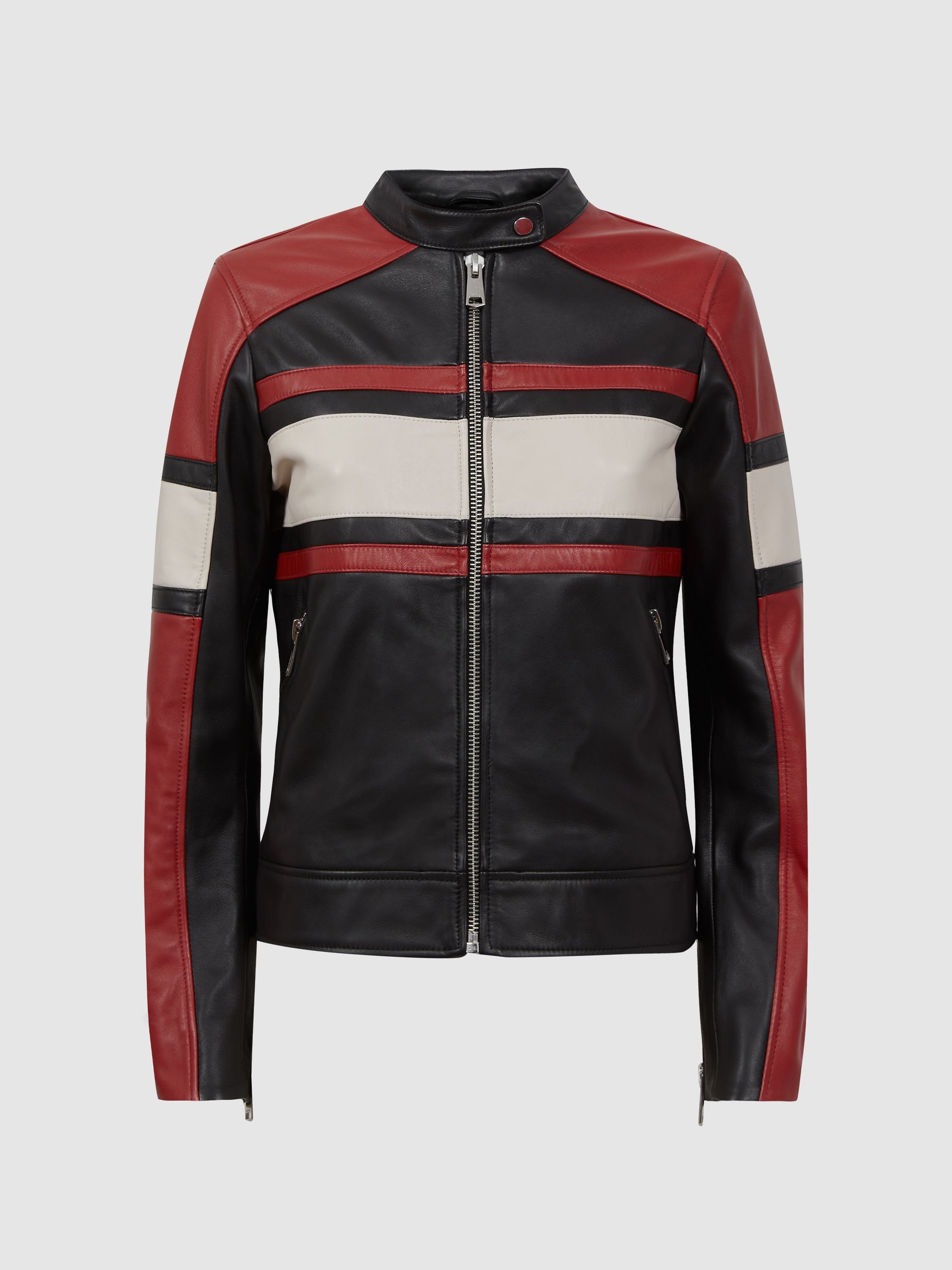 Leather Collarless Zip-Through Jacket in Black/Red - Image 2 of 5