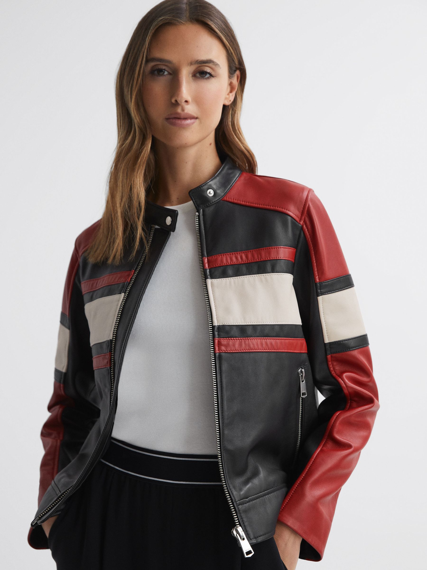 Leather Collarless Zip-Through Jacket in Black/Red - Image 3 of 5