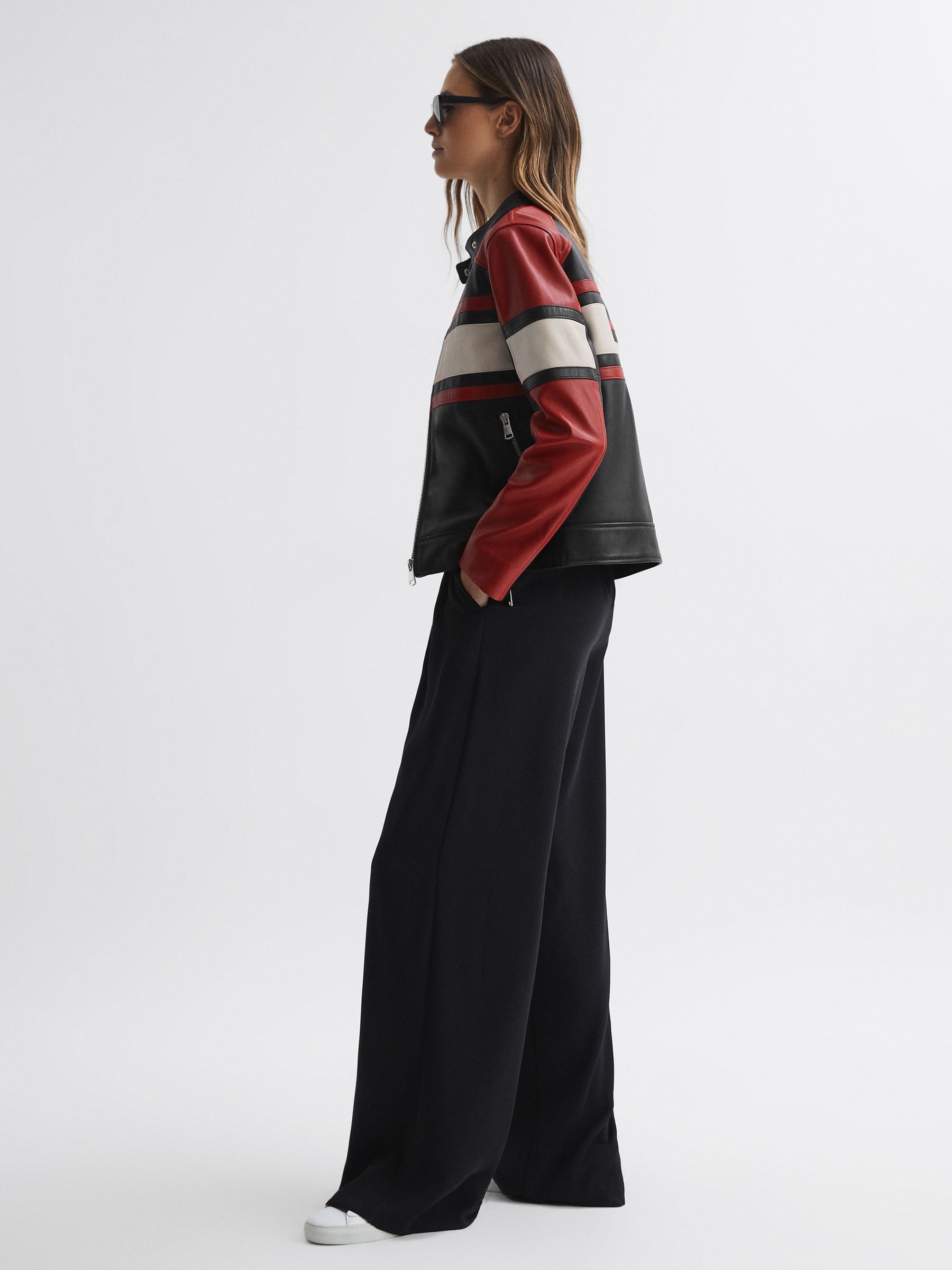 Leather Collarless Zip-Through Jacket in Black/Red - Image 4 of 5