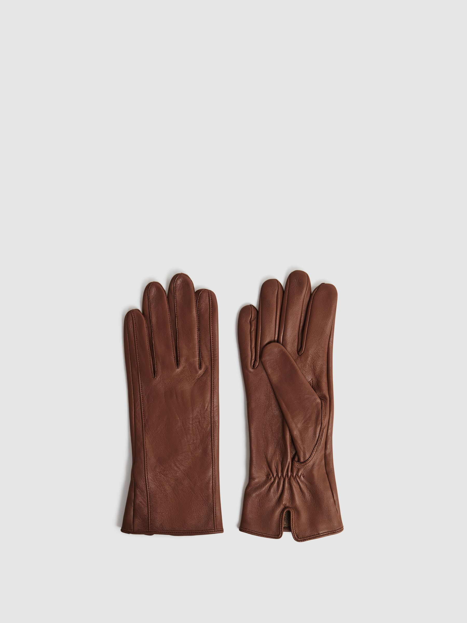 Leather Ruched Gloves in Tan - Image 1 of 3
