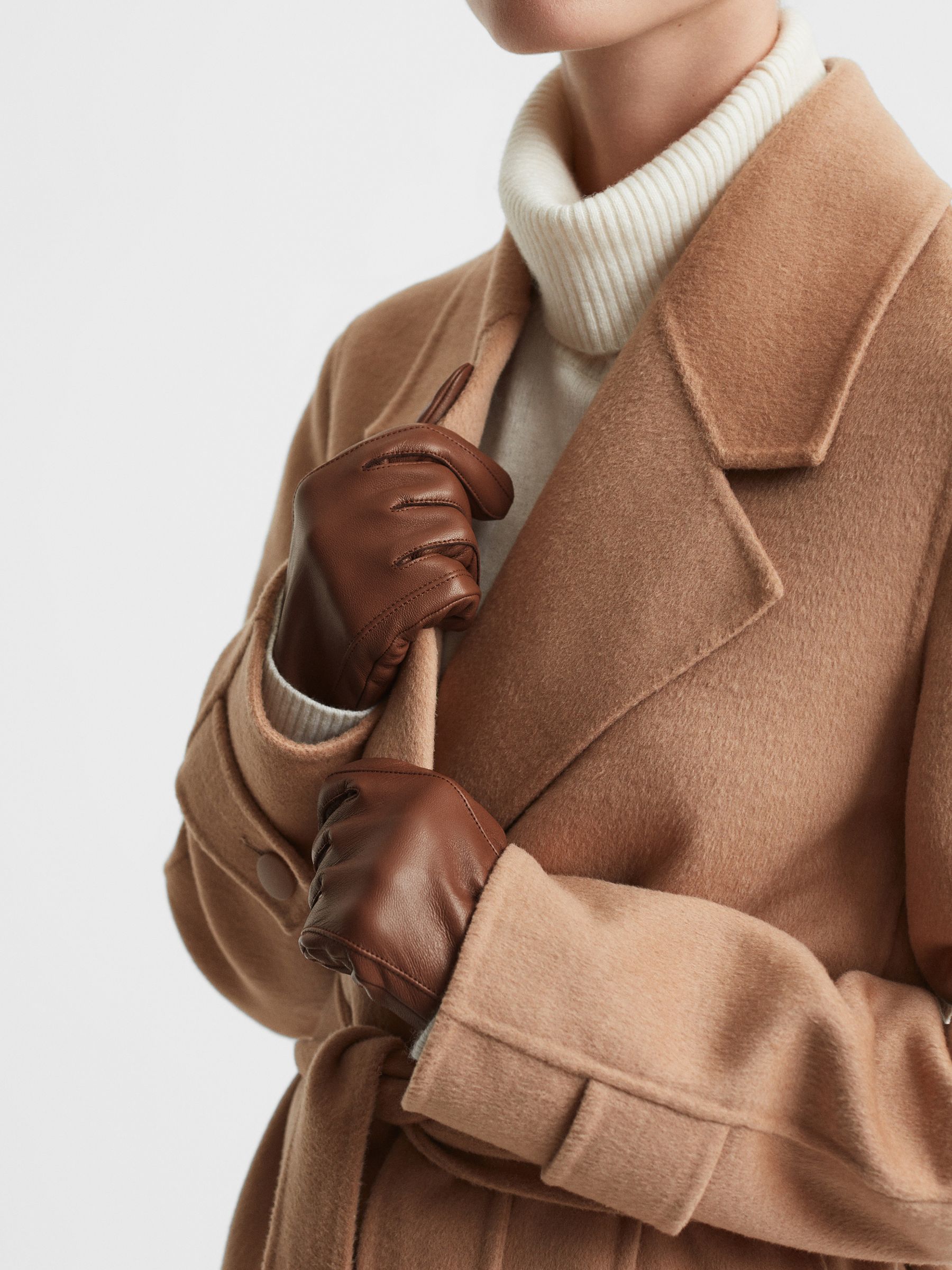 Leather Ruched Gloves in Tan - Image 2 of 3