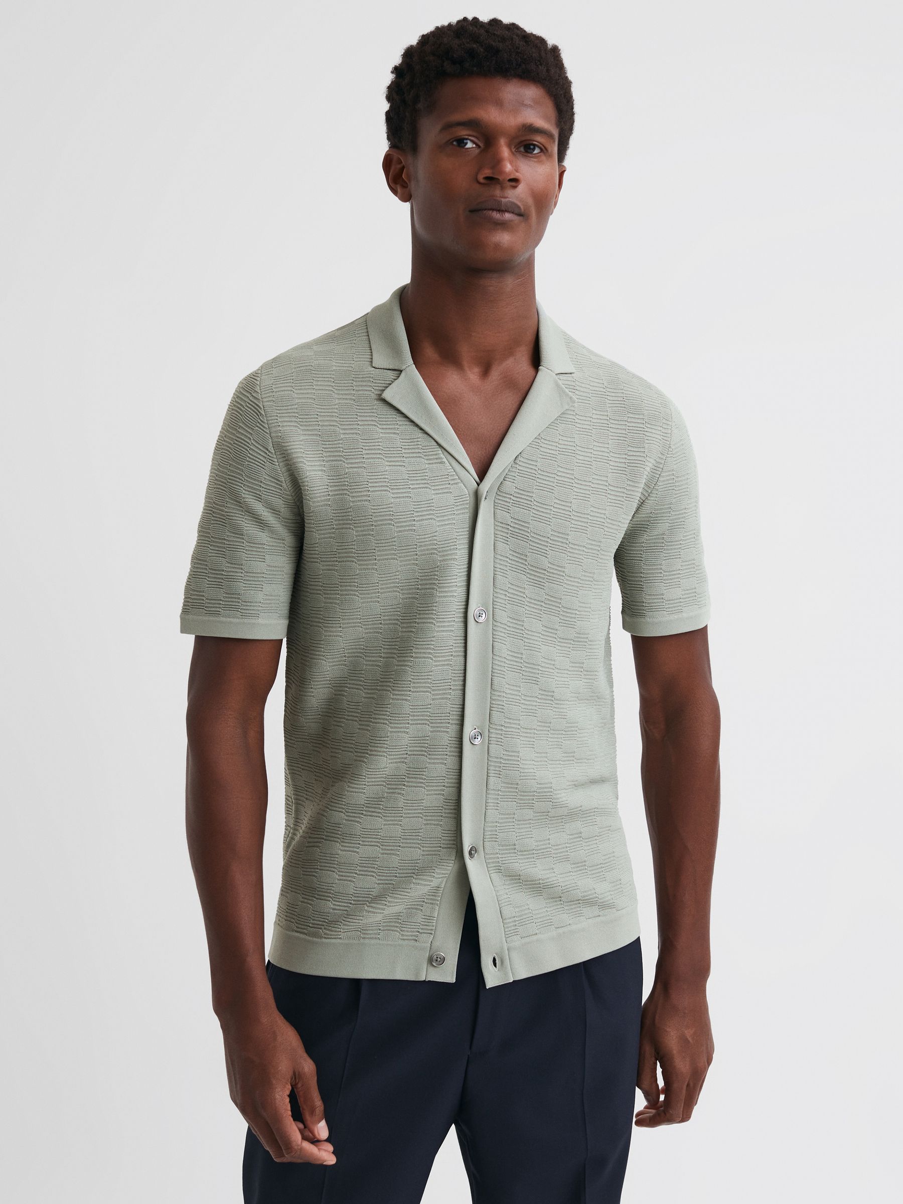 Textured Cuban Collar Button-Through Shirt in Sage - Image 1 of 5