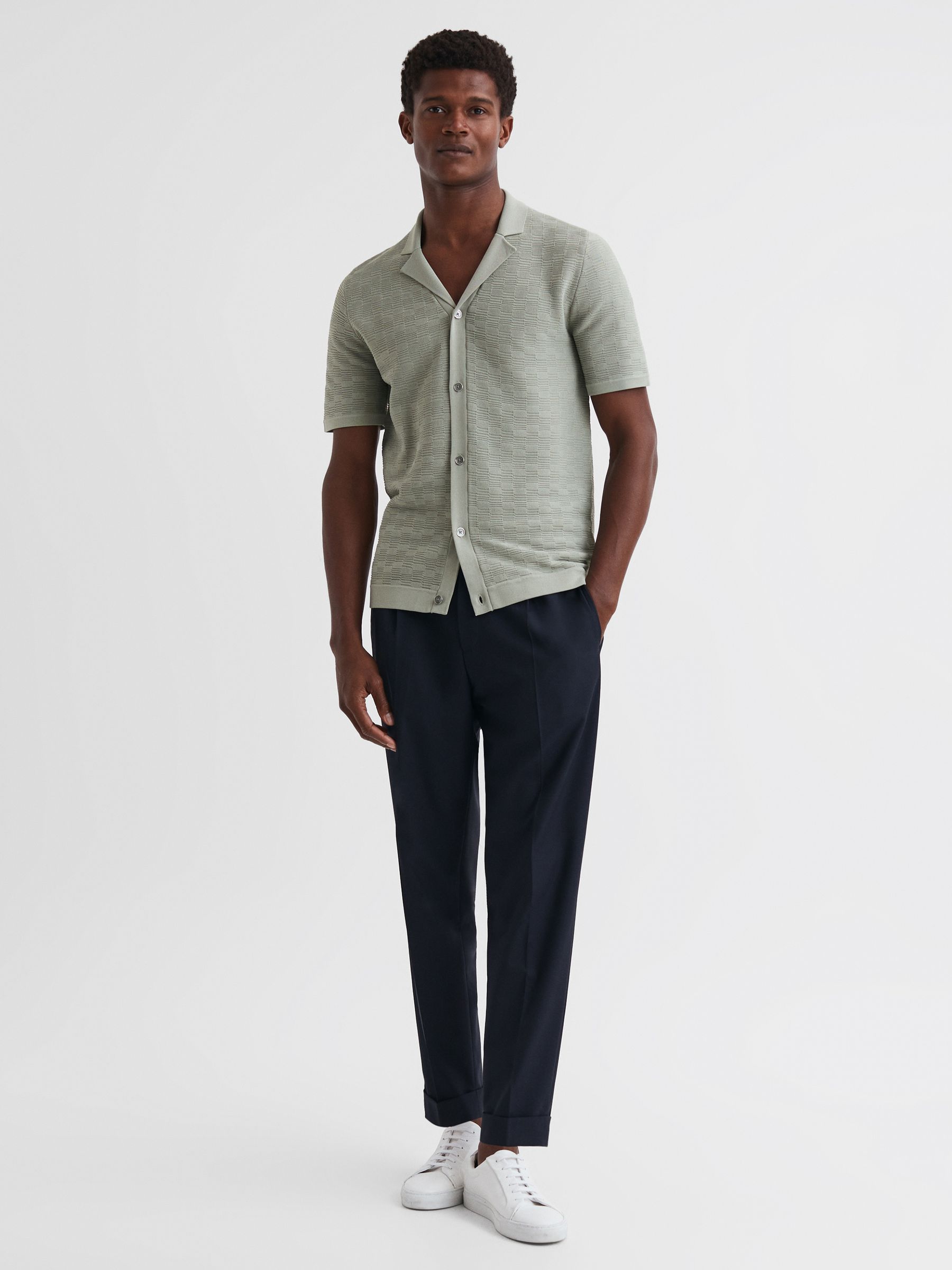 Textured Cuban Collar Button-Through Shirt in Sage - Image 3 of 5