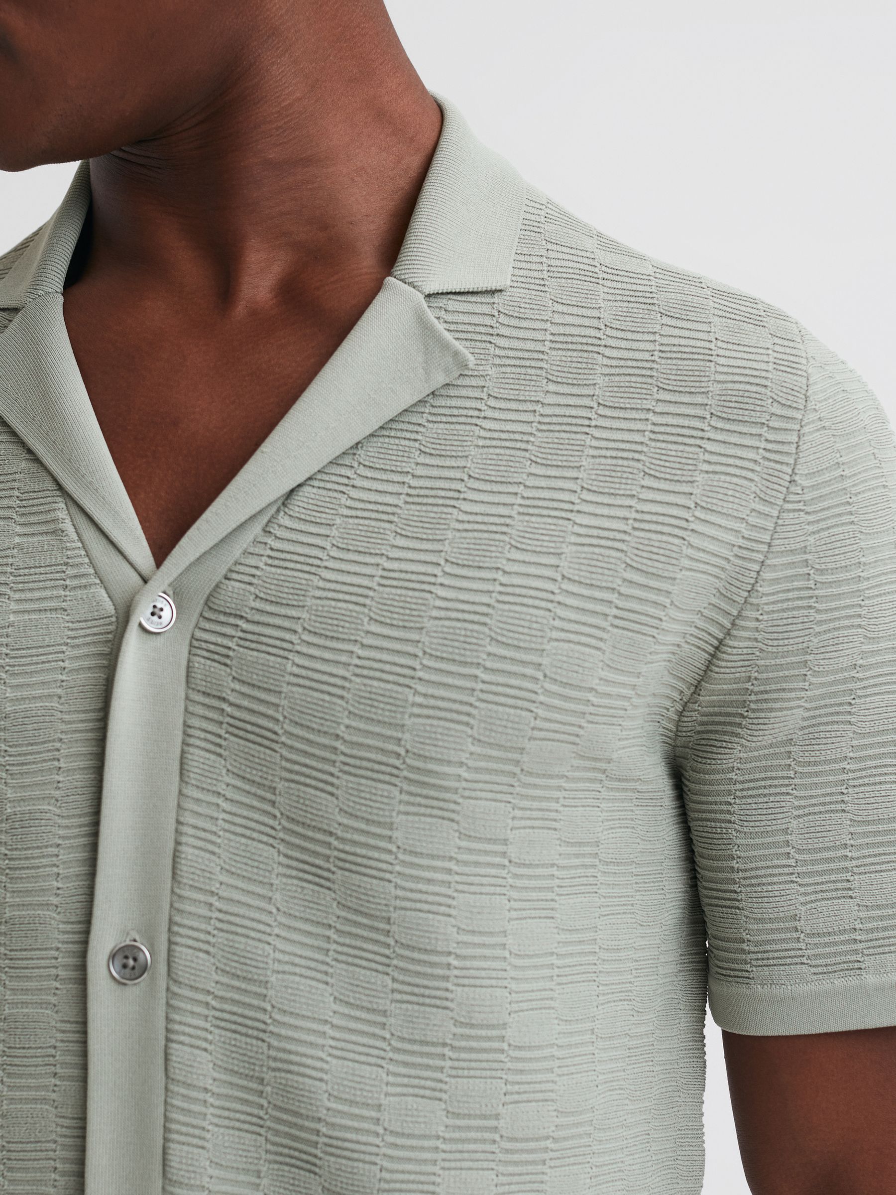 Textured Cuban Collar Button-Through Shirt in Sage - Image 4 of 5