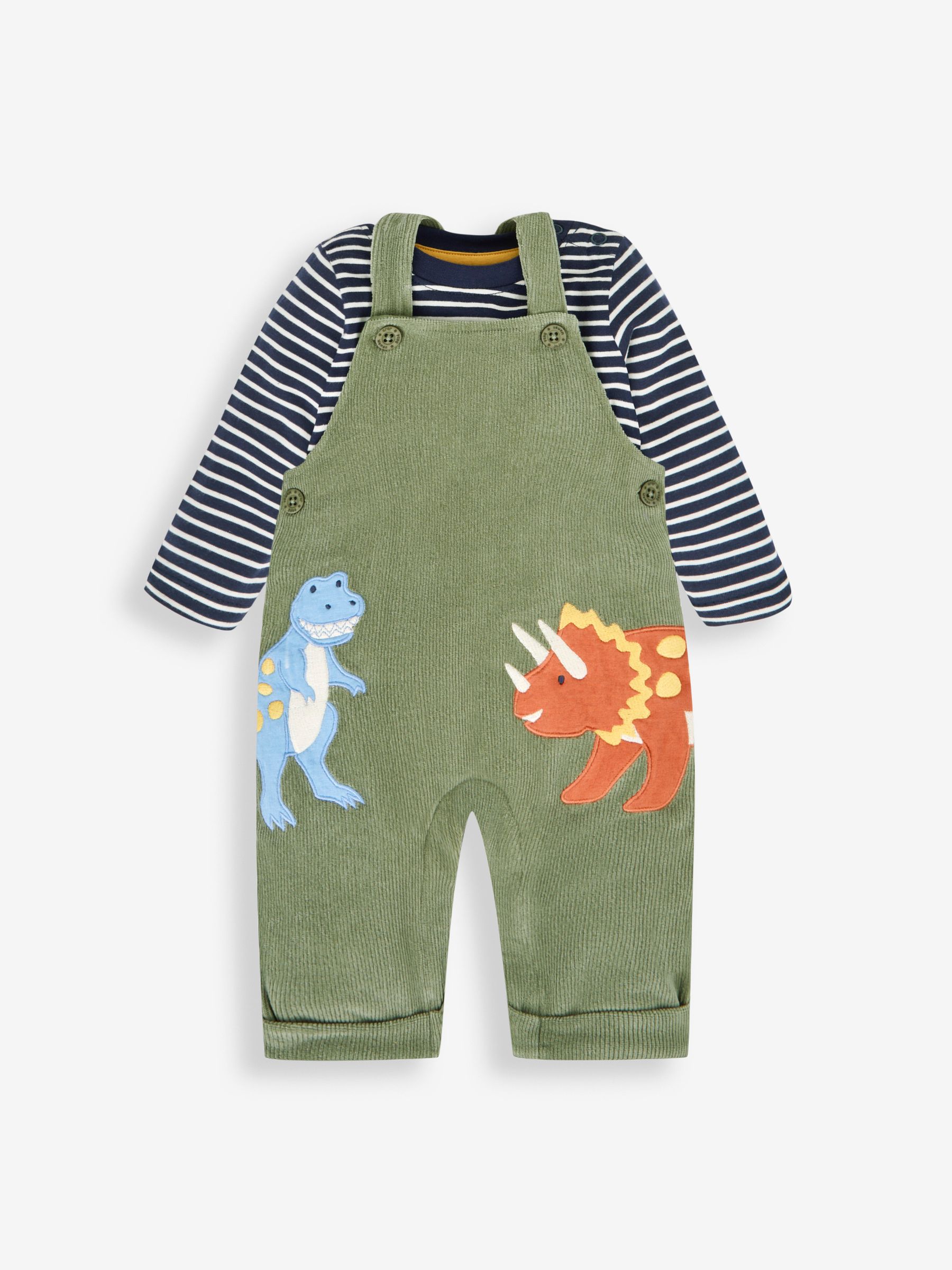 Khaki Green Dino 2-Piece Velour Appliqué Dungaree & Top Set - Image 1 of 5
