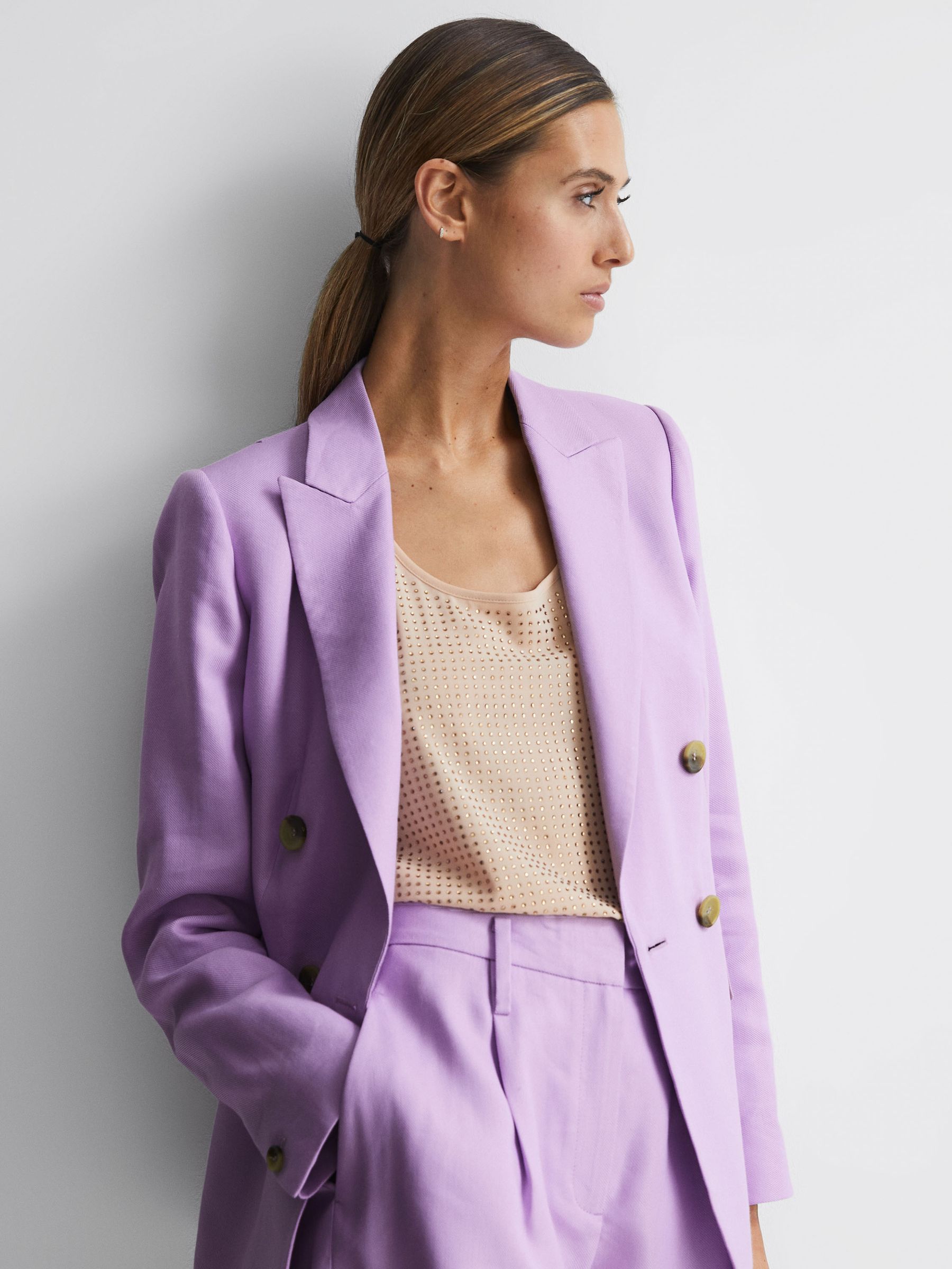 Petite Double Breasted Linen Blazer in Lilac - Image 1 of 8